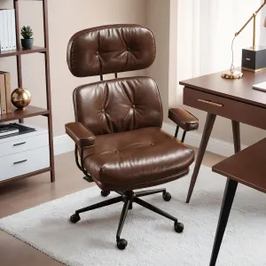 HOOOWOOO Mid Century Modern Ergonomic Office Chair, Comfy Executive Chair with Extra Wide Tufted Cloudy Seat, Lumbar Support, High Reclining Back, PU Leather Dark Brown