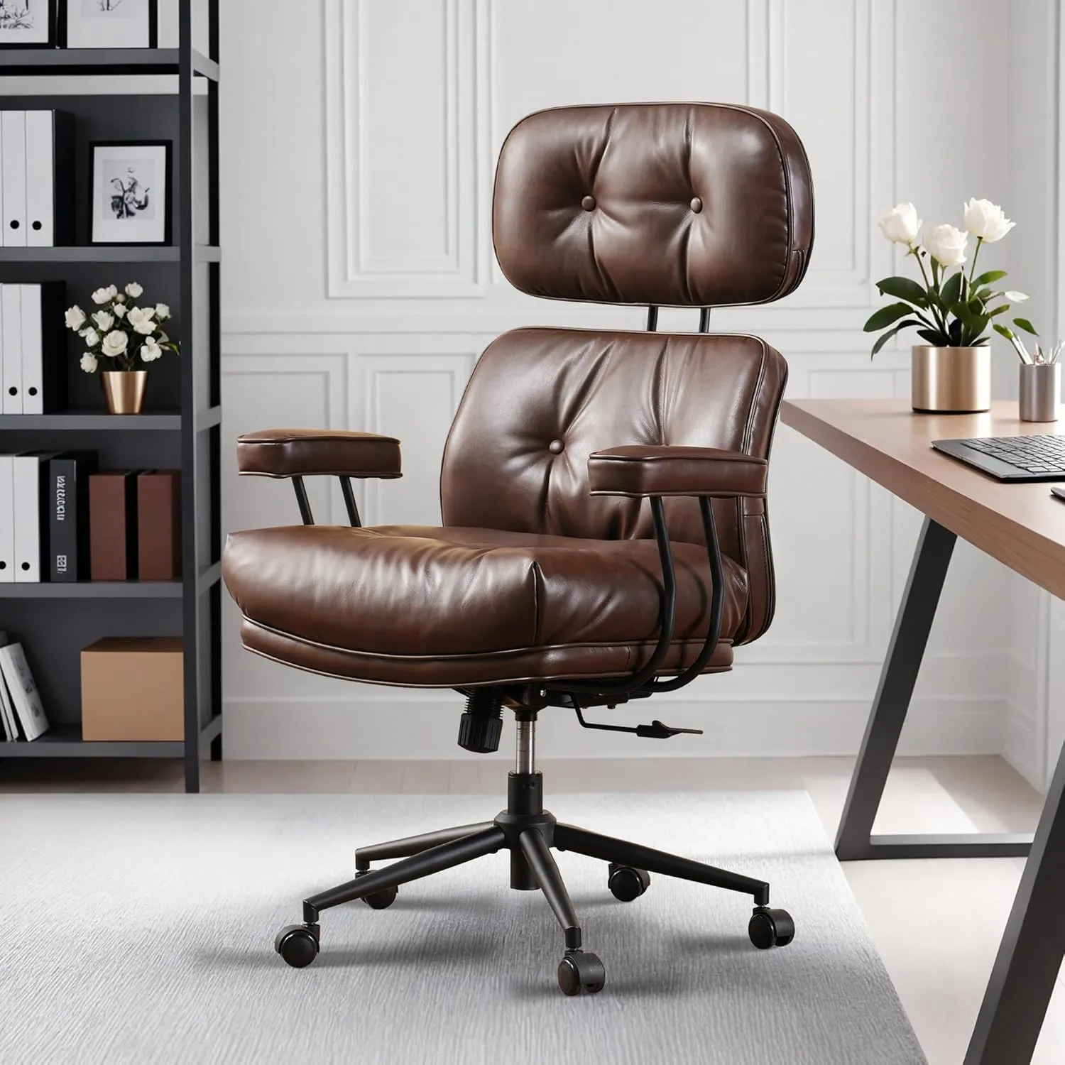 HOOOWOOO Mid Century Modern Ergonomic Office Chair, Comfy Executive Chair with Extra Wide Tufted Cloudy Seat, Lumbar Support, High Reclining Back, PU Leather Dark Brown