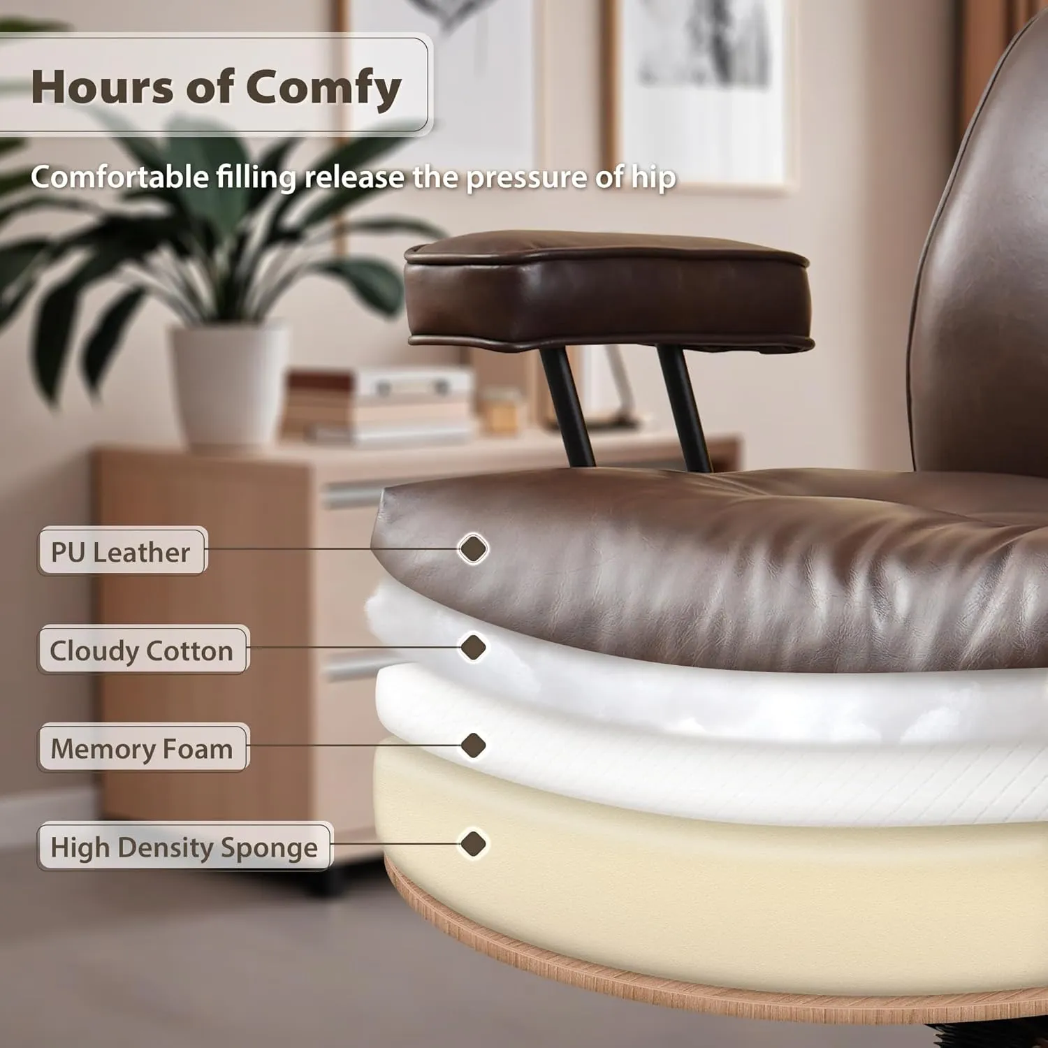 HOOOWOOO Mid Century Modern Ergonomic Office Chair, Comfy Executive Chair with Extra Wide Tufted Cloudy Seat, Lumbar Support, High Reclining Back, PU Leather Dark Brown
