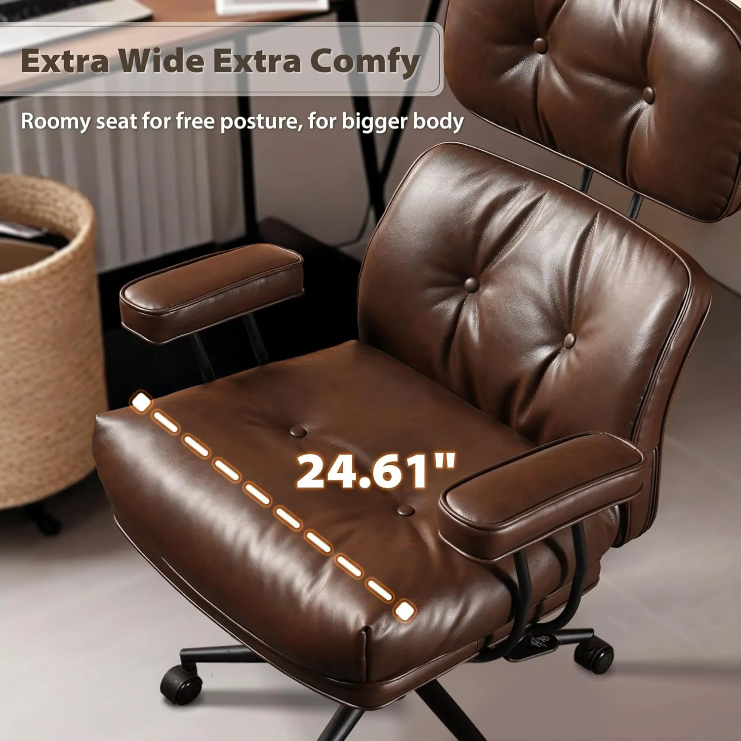 HOOOWOOO Mid Century Modern Ergonomic Office Chair, Comfy Executive Chair with Extra Wide Tufted Cloudy Seat, Lumbar Support, High Reclining Back, PU Leather Dark Brown
