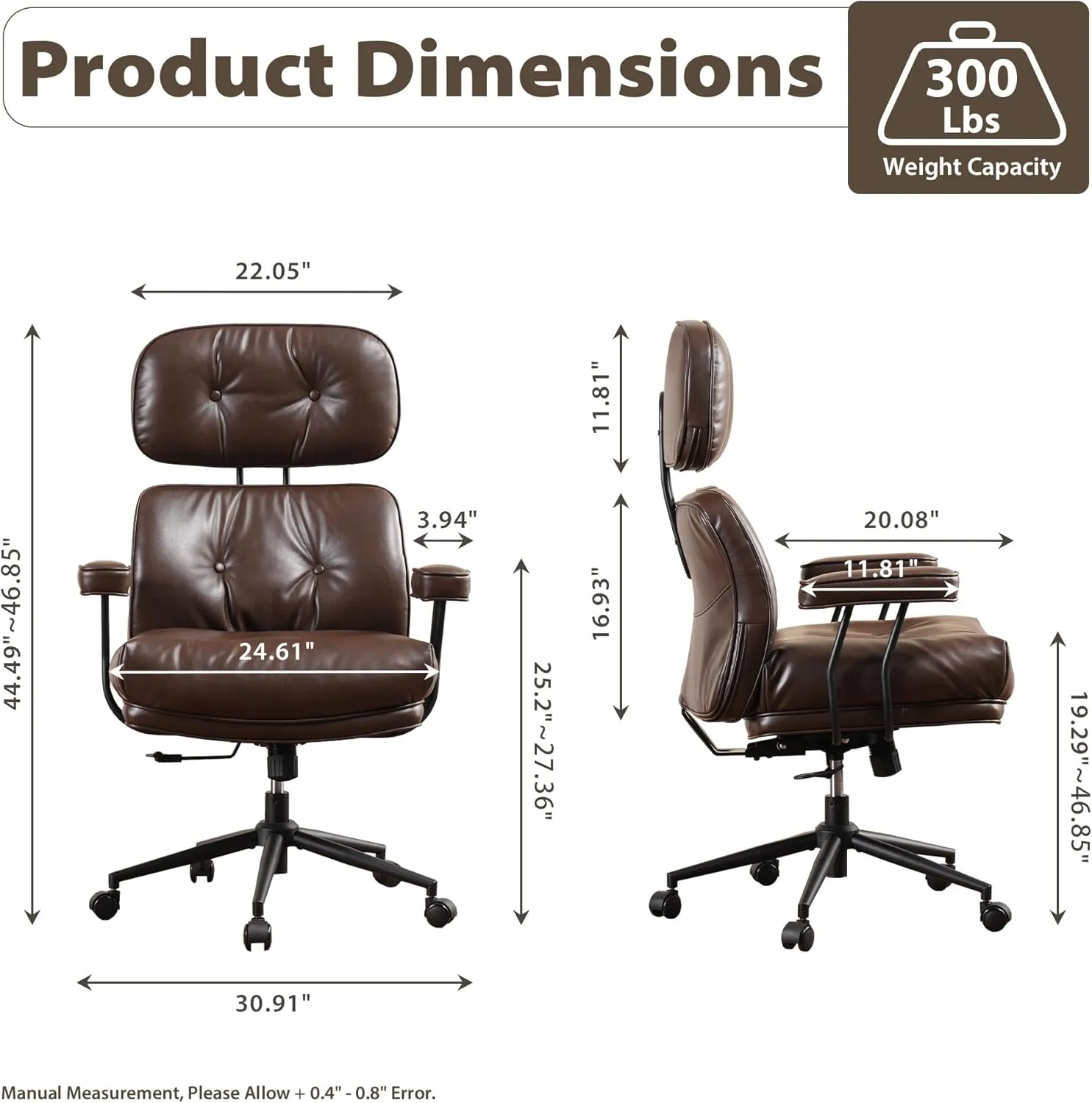 HOOOWOOO Mid Century Modern Ergonomic Office Chair, Comfy Executive Chair with Extra Wide Tufted Cloudy Seat, Lumbar Support, High Reclining Back, PU Leather Dark Brown