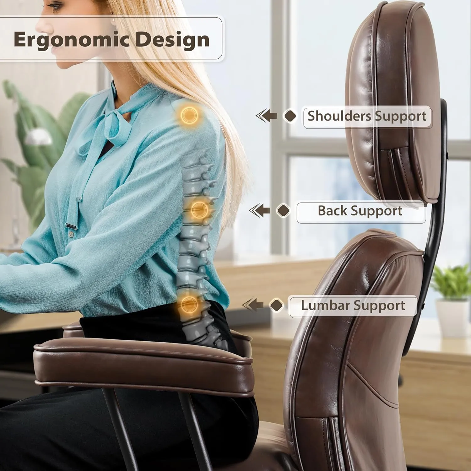 HOOOWOOO Mid Century Modern Ergonomic Office Chair, Comfy Executive Chair with Extra Wide Tufted Cloudy Seat, Lumbar Support, High Reclining Back, PU Leather Dark Brown