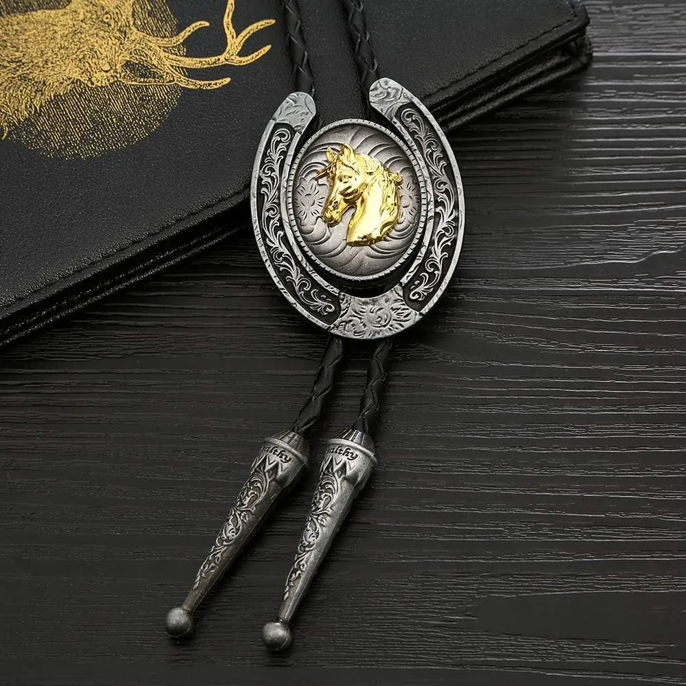 HUABOLA CALYN Bolo Tie for Men- Western Cowboy Native American Golden Horse Bolo Tie