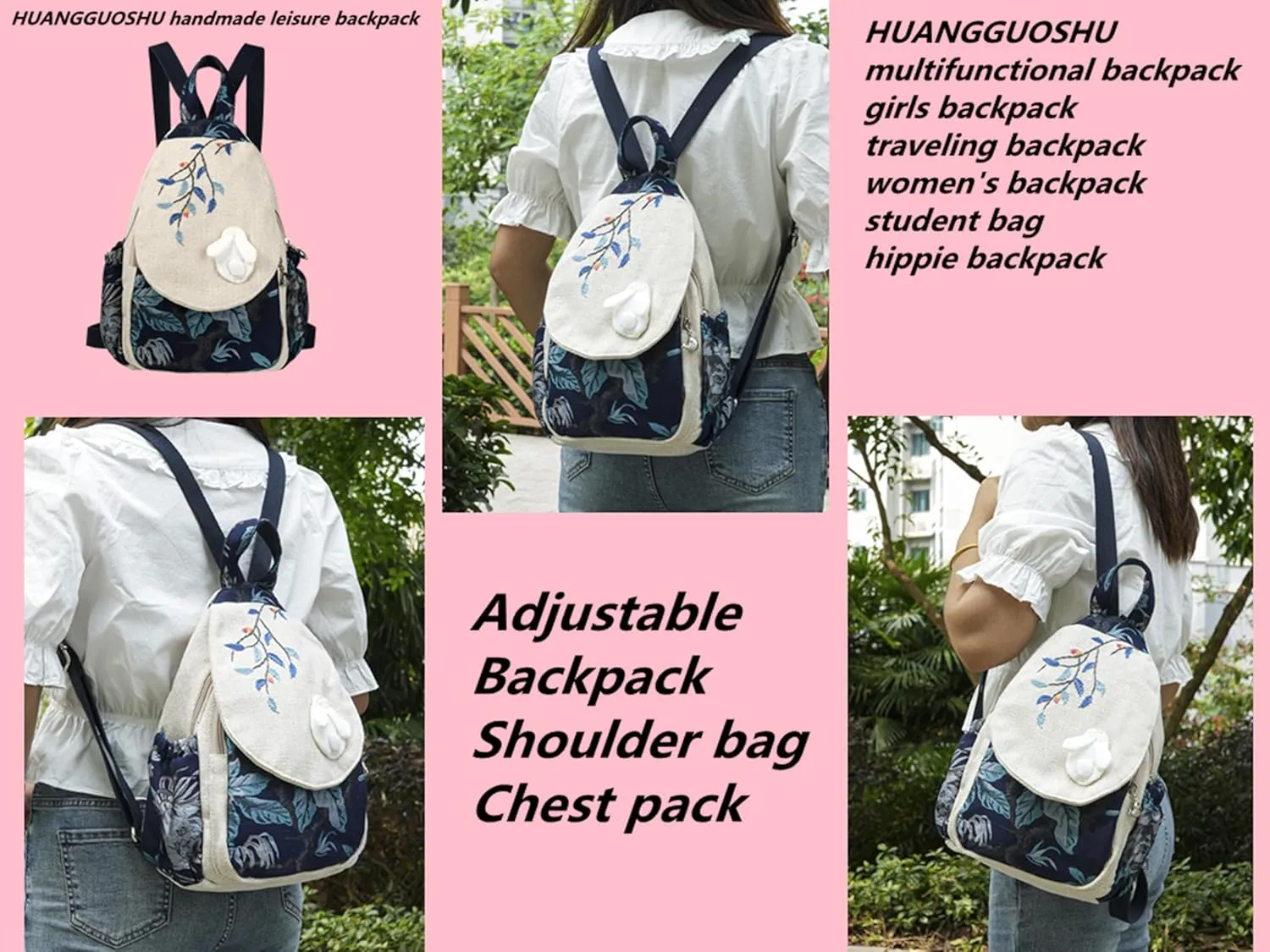 HUANGGUOSHU Bohemian Hand Knit Mini Backpack for Women - Original Creation with Three-Dimensional Decoration, Multi-Pocket Design, Ideal Gift for Mother's Day, Birthdays, and Bat Mitzvahs-Rabbit