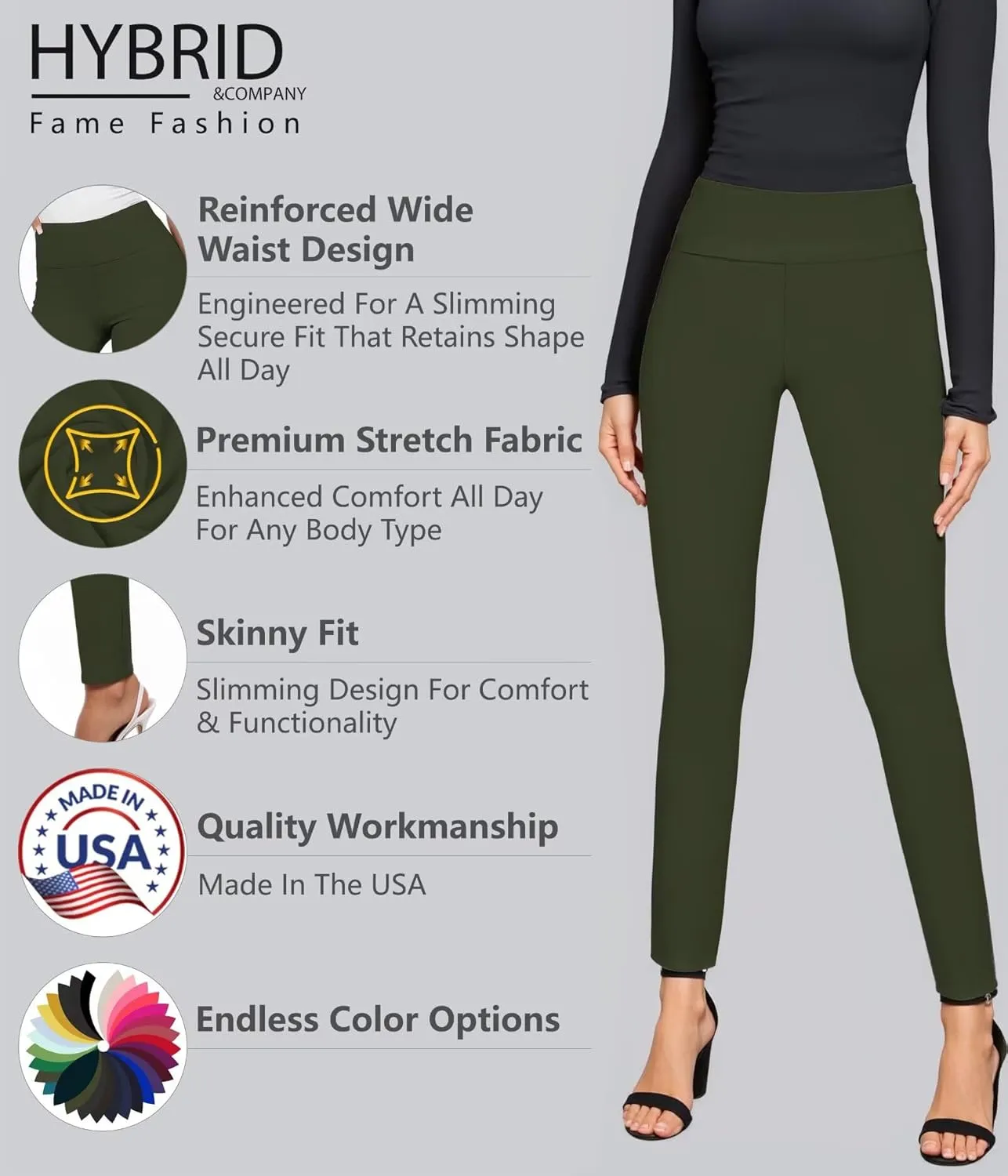 Hybrid & Company Women Stretch Skinny Dress Pants Nylon Ponte Pull On Office Leggings Trousers