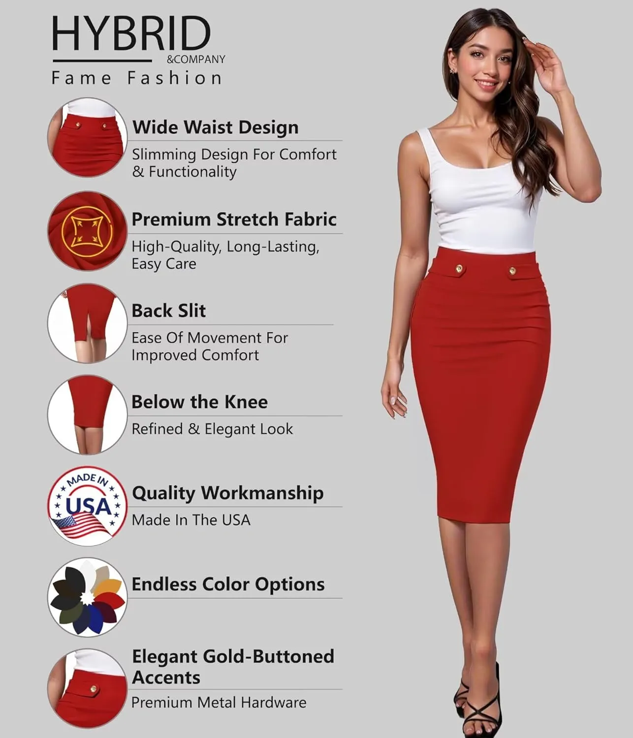 Hybrid & Company Womens Pencil Skirt Premium Nylon Ponte Stretch Office Made in The USA Below Knee