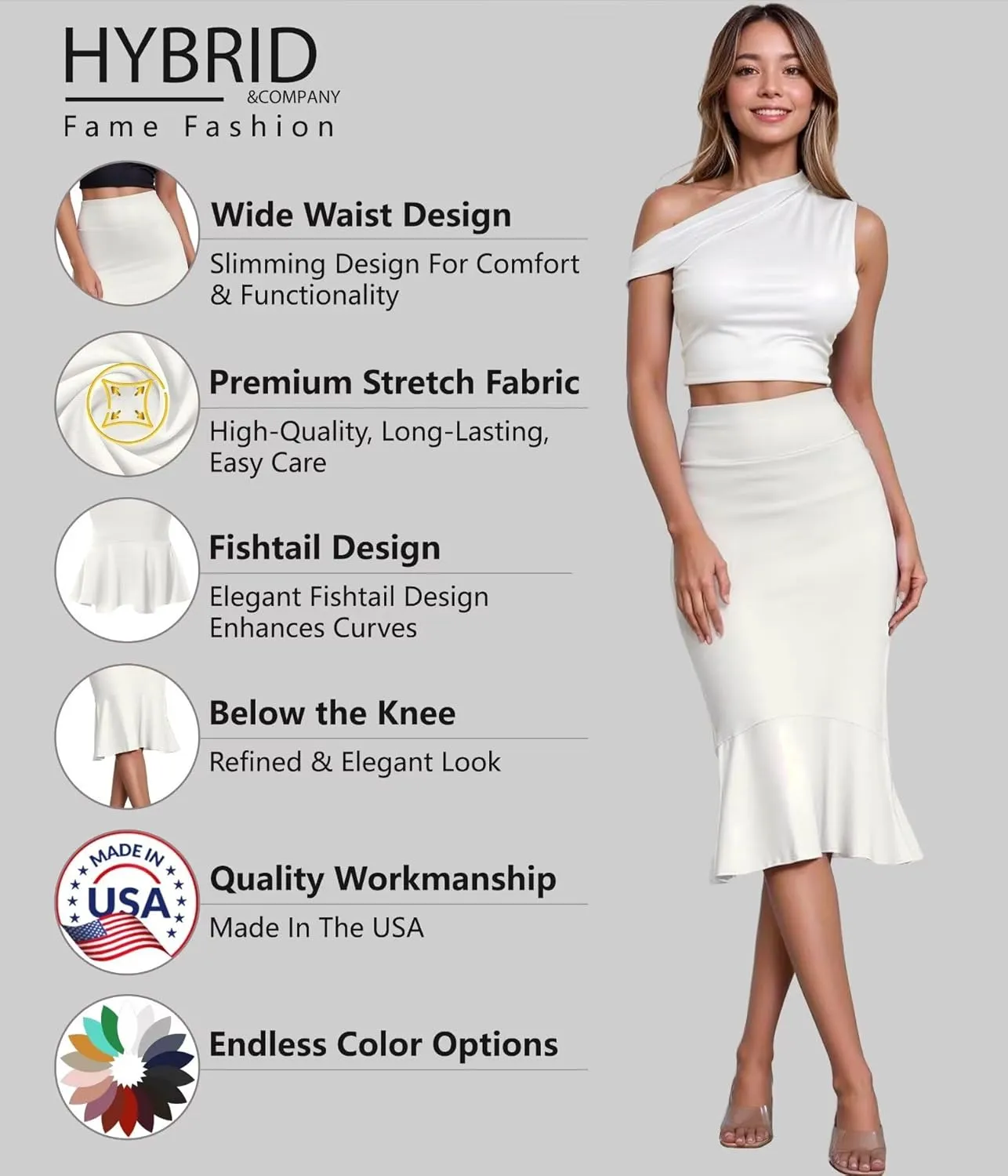 Hybrid & Company Womens Premium Nylon Ponte Stretch Office Fishtail Pencil Skirt High Waist Made in The USA Below Knee
