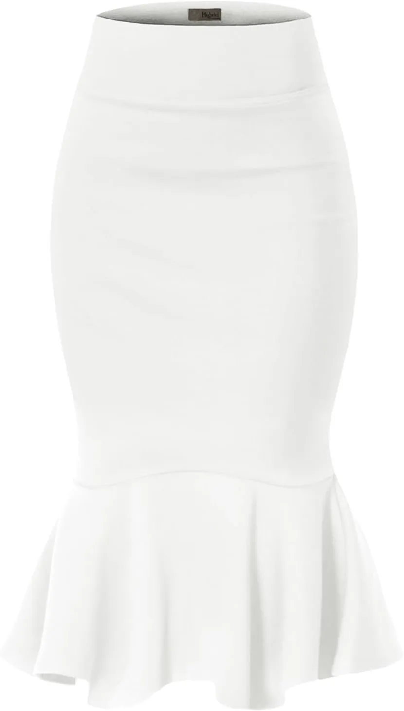 Hybrid & Company Womens Premium Nylon Ponte Stretch Office Fishtail Pencil Skirt High Waist Made in The USA Below Knee