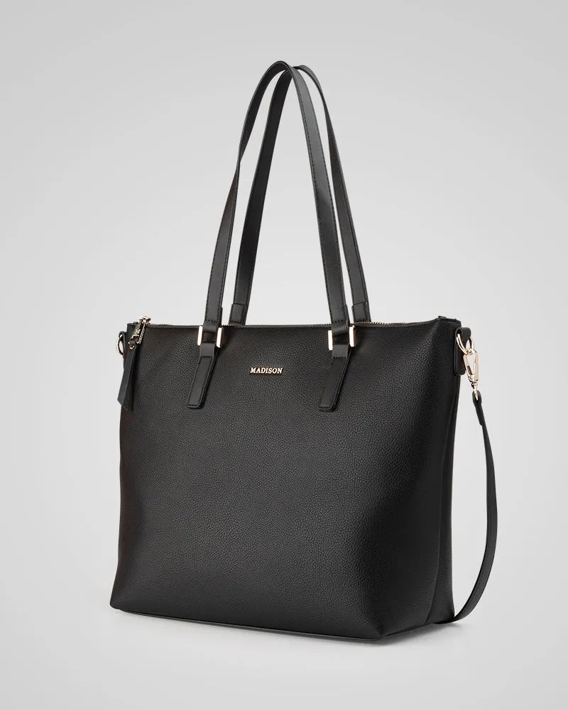 Inga Large Zip Top Tote Bag With Laptop Pocket   Monogram Stripe Bag Strap