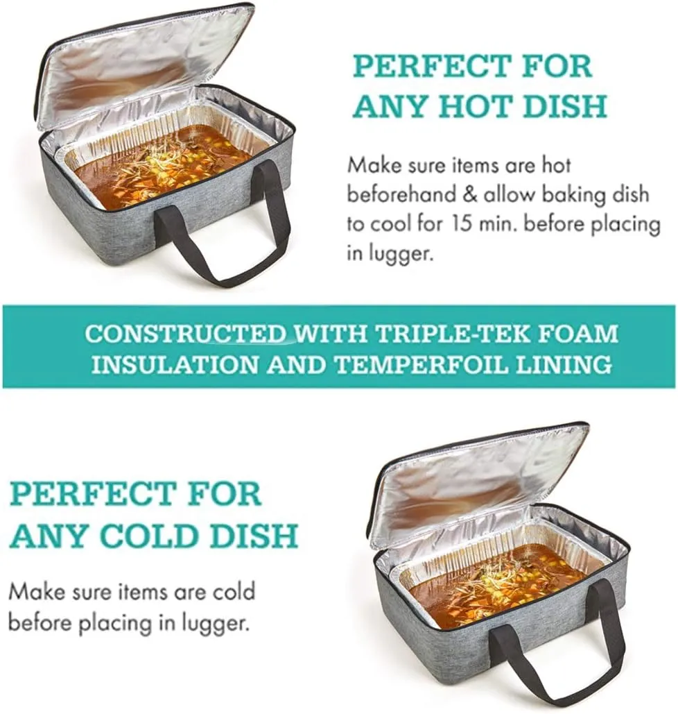 Insulated Casserole Carrier Fit 9"x13" Lasagna Baking Dish Pan for Hot or Cold Food Transport,Portable Reusable Lunch Warmer Tote Bag for Gathering,Camping/Office,Cookouts,Potluck Parties-Gray