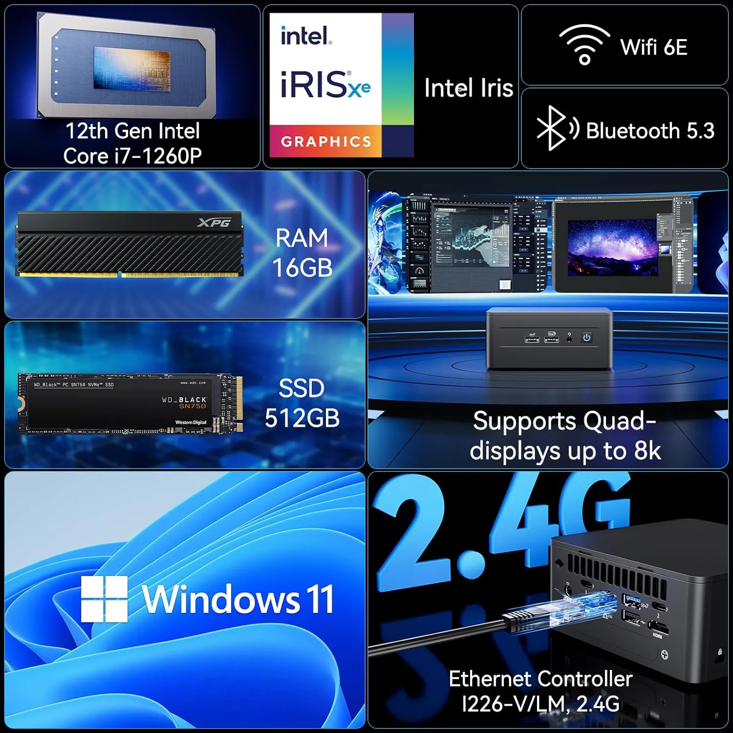 Intel NUC 12 Pro, for ASUS NUC12 Pro Wall Street Canyon Mini PC, 16GB RAM, 512GB SSD, Intel Core i7-1260P CPU (18M Cache, up to 4.70 GHz), WiFi 6E, BT 5.2, 2*Thunderbolt 4, Win 11 Pro(NUC12WSHi7)