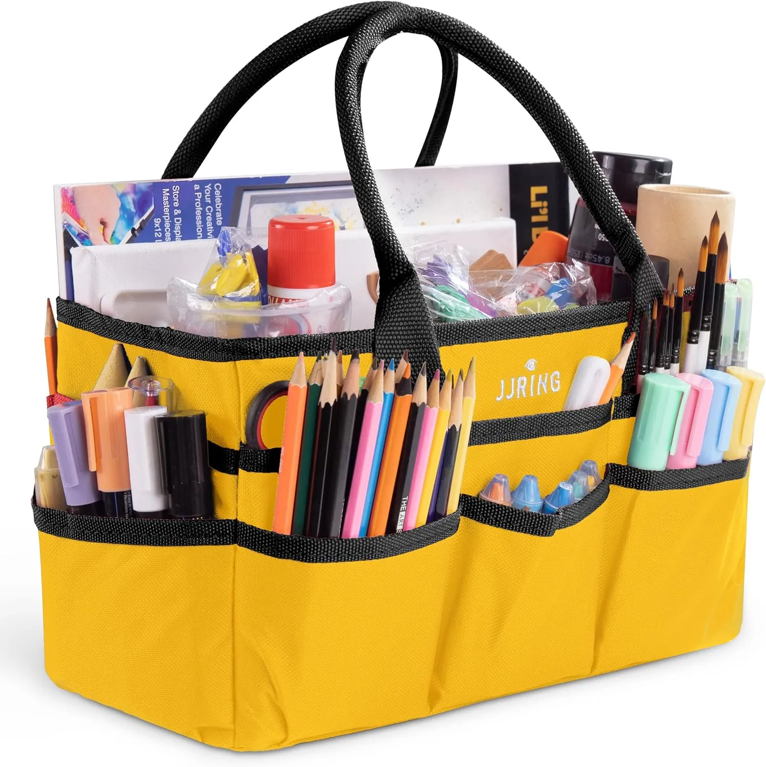 JJRING Craft and Art Tote - 600D Yellow Nylon Fabric Art Sewing Organizer Bag with Pockets - for Craft, Scrapbooking, Medical, and Office Supplies Storage