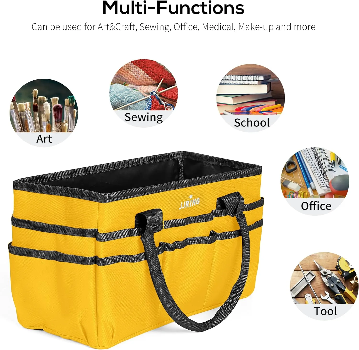 JJRING Craft and Art Tote - 600D Yellow Nylon Fabric Art Sewing Organizer Bag with Pockets - for Craft, Scrapbooking, Medical, and Office Supplies Storage