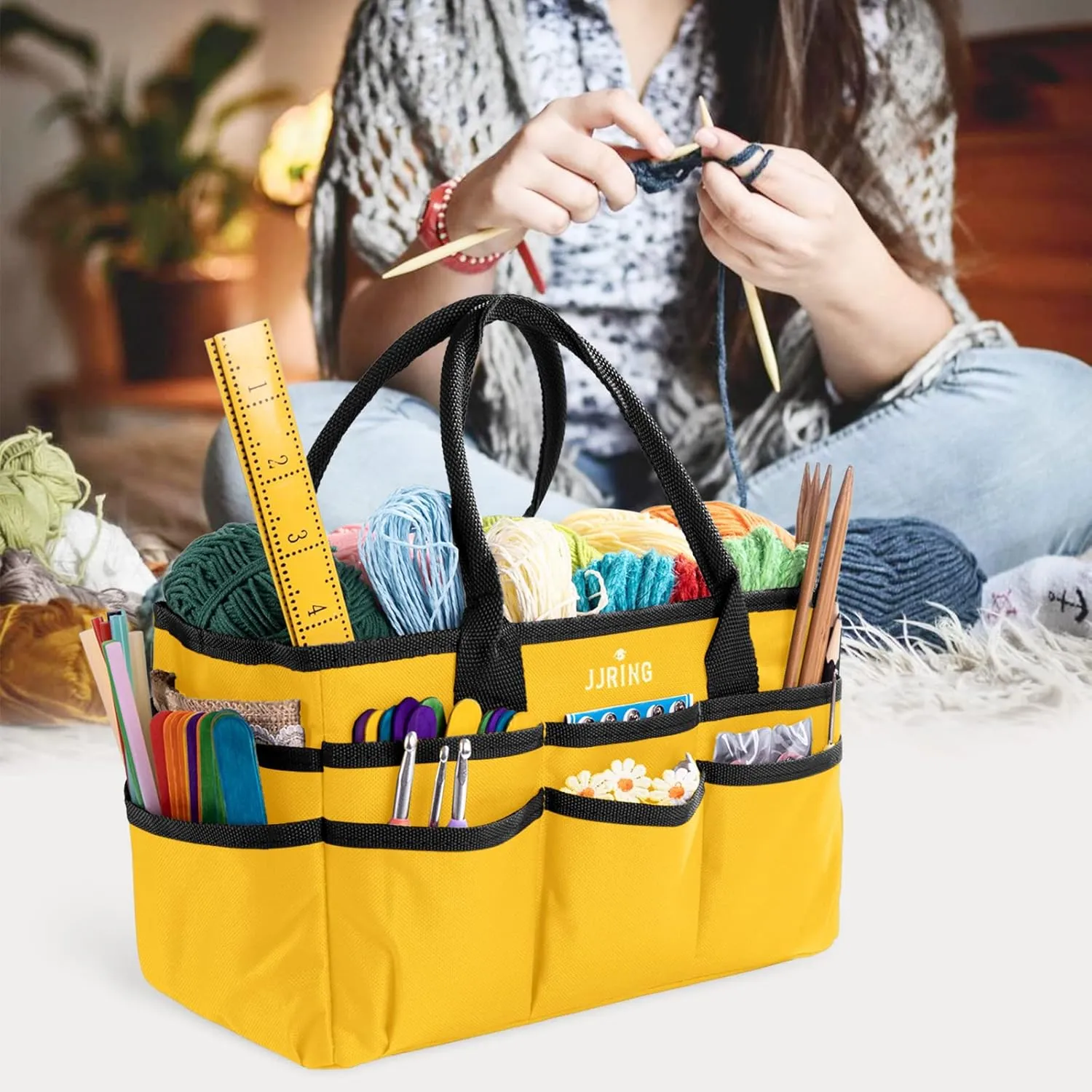 JJRING Craft and Art Tote - 600D Yellow Nylon Fabric Art Sewing Organizer Bag with Pockets - for Craft, Scrapbooking, Medical, and Office Supplies Storage
