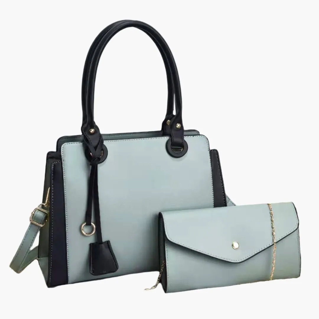 Joanne – Blue Structured Handbag with Matching Clutch and Black Handles
