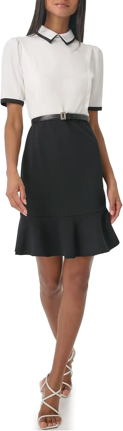 KARL LAGERFELD Women's Belted Color Bloack Collared Dress