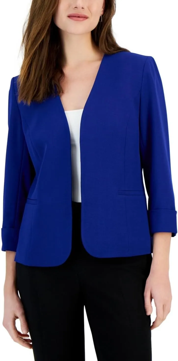 Kasper Women's Stretch Crepe Blazer – Cardigan-Style with Rolled Cuff Sleeves