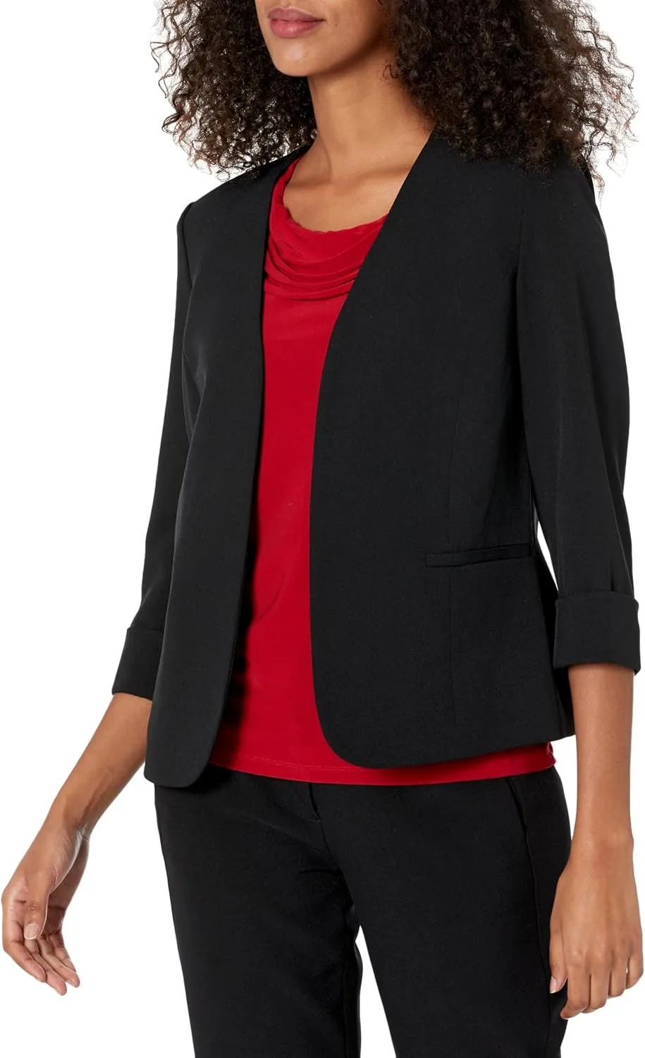 Kasper Women's Stretch Crepe Blazer – Cardigan-Style with Rolled Cuff Sleeves
