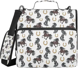 Kcldeci Horses and Horseshoes 3 Ring 1.5 Inch Zipper Binder,500 Sheet Trapper Keeper Organizer Binder Bag with Shoulder Strap Expanding Files for School and Office