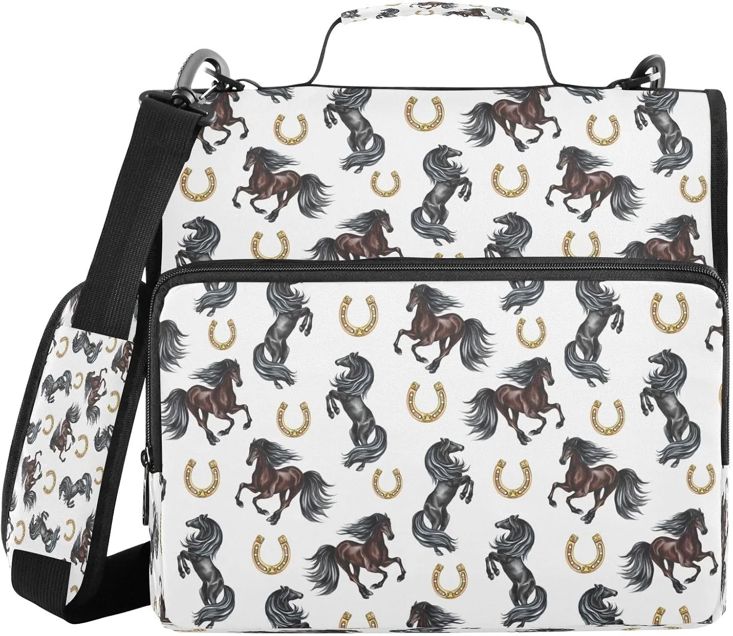 Kcldeci Horses and Horseshoes 3 Ring 1.5 Inch Zipper Binder,500 Sheet Trapper Keeper Organizer Binder Bag with Shoulder Strap Expanding Files for School and Office