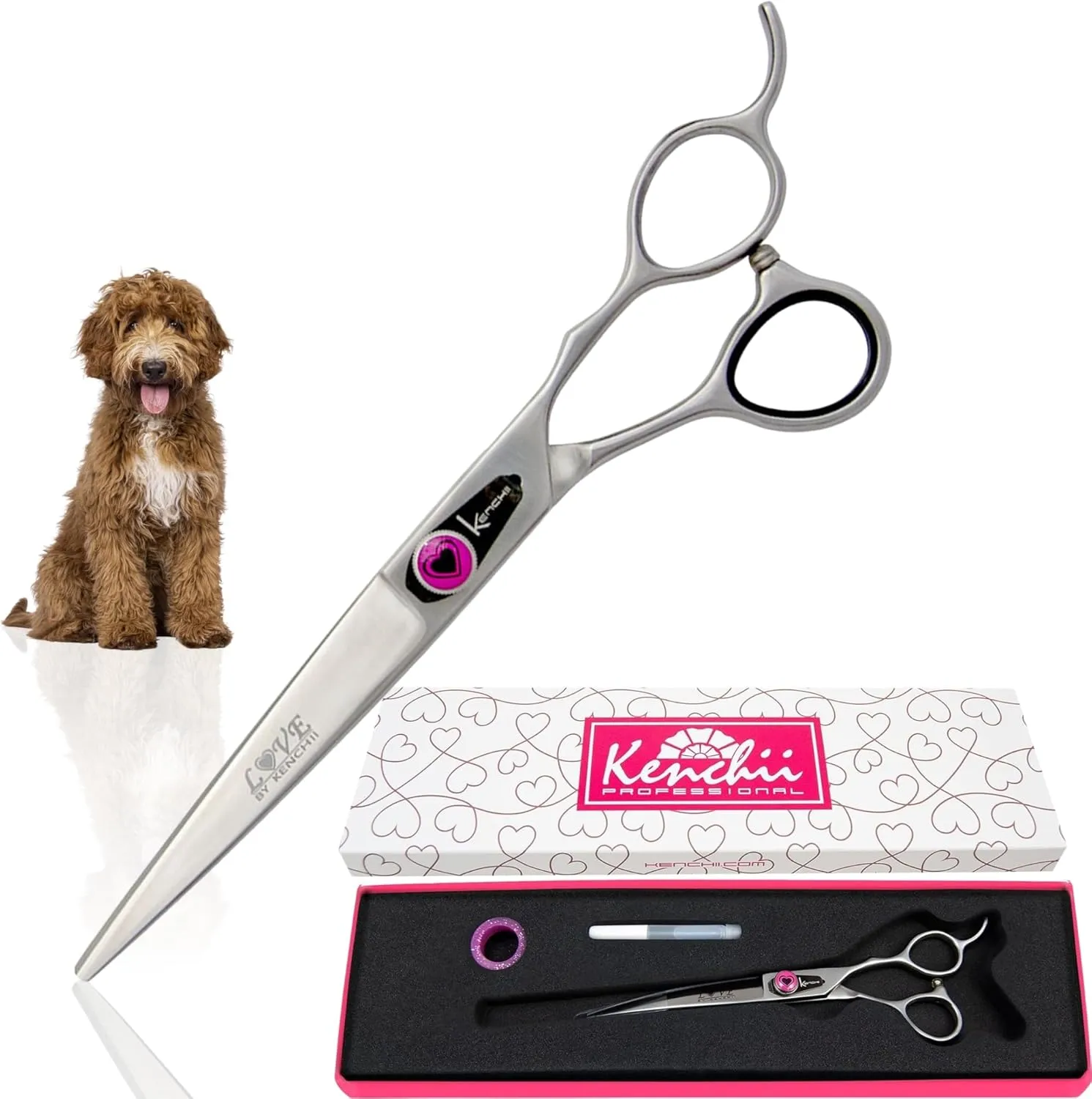 Kenchii Dog Grooming Scissors | 7 Inch Shears | Curved Scissors for Dog Grooming | Love Collection Dog Shears | Pet Grooming Accessories | Pet Hair Trimming Scissor