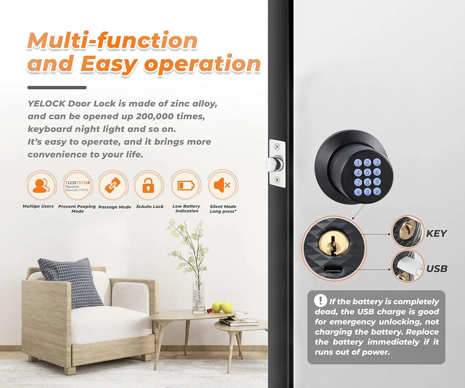 Keyless Entry Door Lock with Handle, Keypad Door Knob, Auto Lock, Waterproof Electronic Black Door Knob, for Home, Office, Hotel(YL-98-black-2pc)…