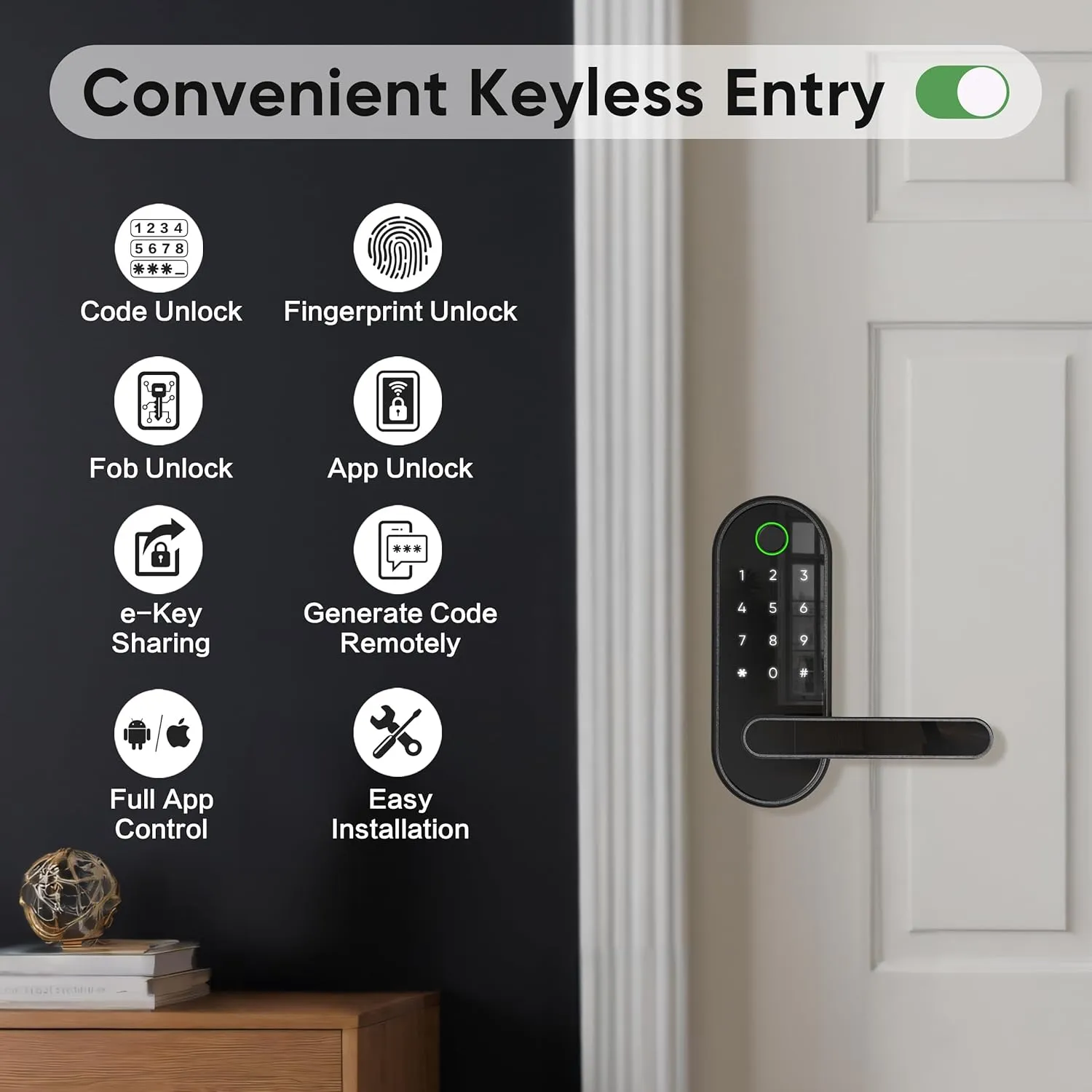 Keyless-Entry Fingerprint Digital Smart Lock: Electronic Door Lock with Code Passcode, Electric Door Knob, Biometric Door Handle (Black, Wi-Fi Gateway Included)