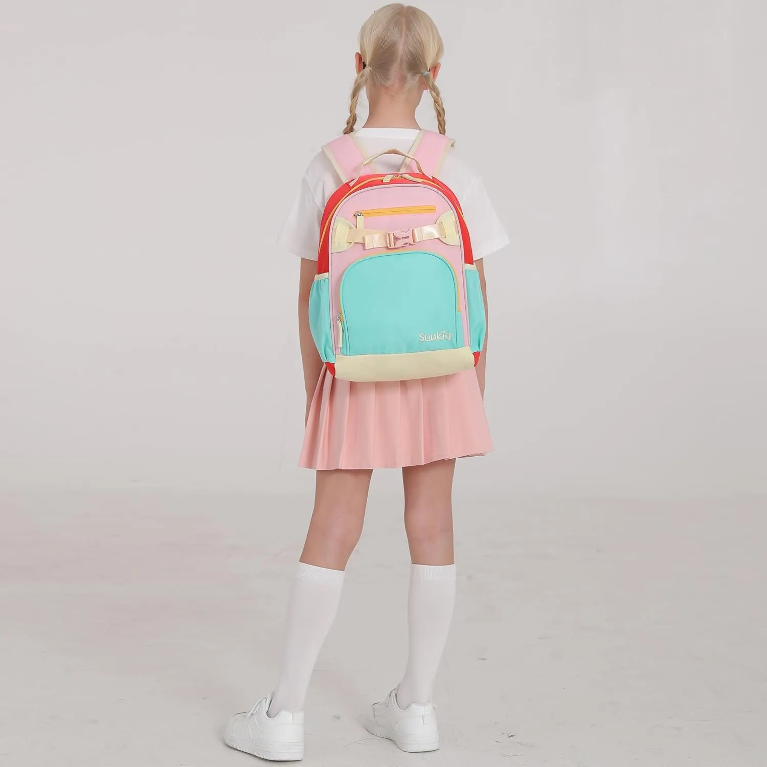 Kids Backpack for Girls Elementary School Bookbag for Girl Children 6-8 (Aqua Pink Red)