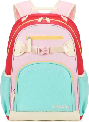 Kids Backpack for Girls Elementary School Bookbag for Girl Children 6-8 (Aqua Pink Red)