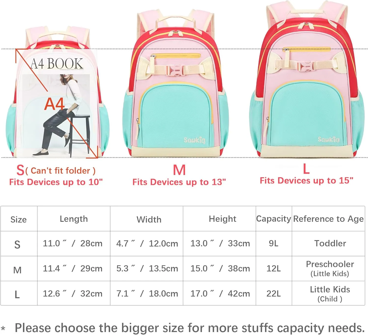Kids Backpack for Girls Elementary School Bookbag for Girl Children 6-8 (Aqua Pink Red)