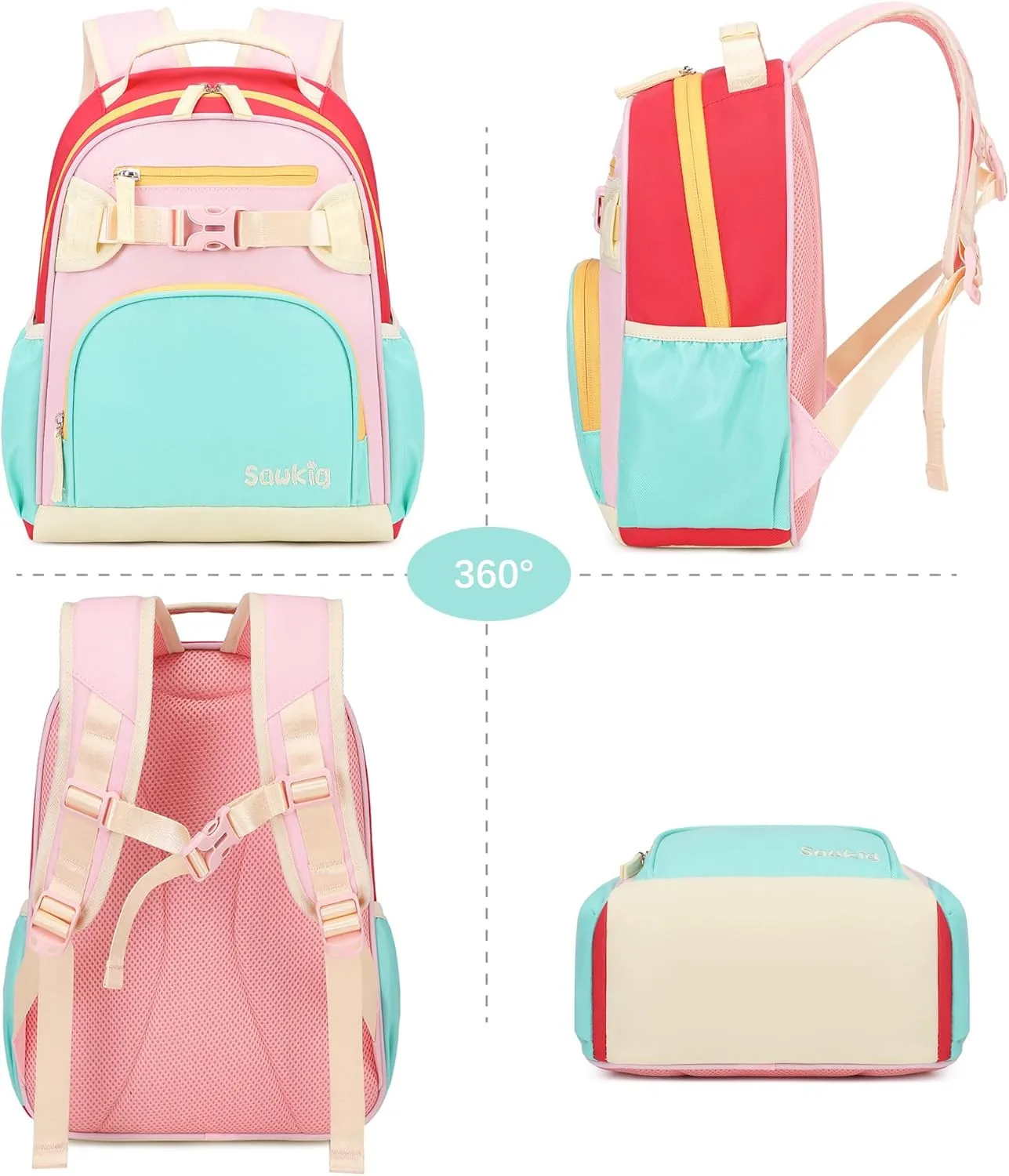 Kids Backpack for Girls Elementary School Bookbag for Girl Children 6-8 (Aqua Pink Red)