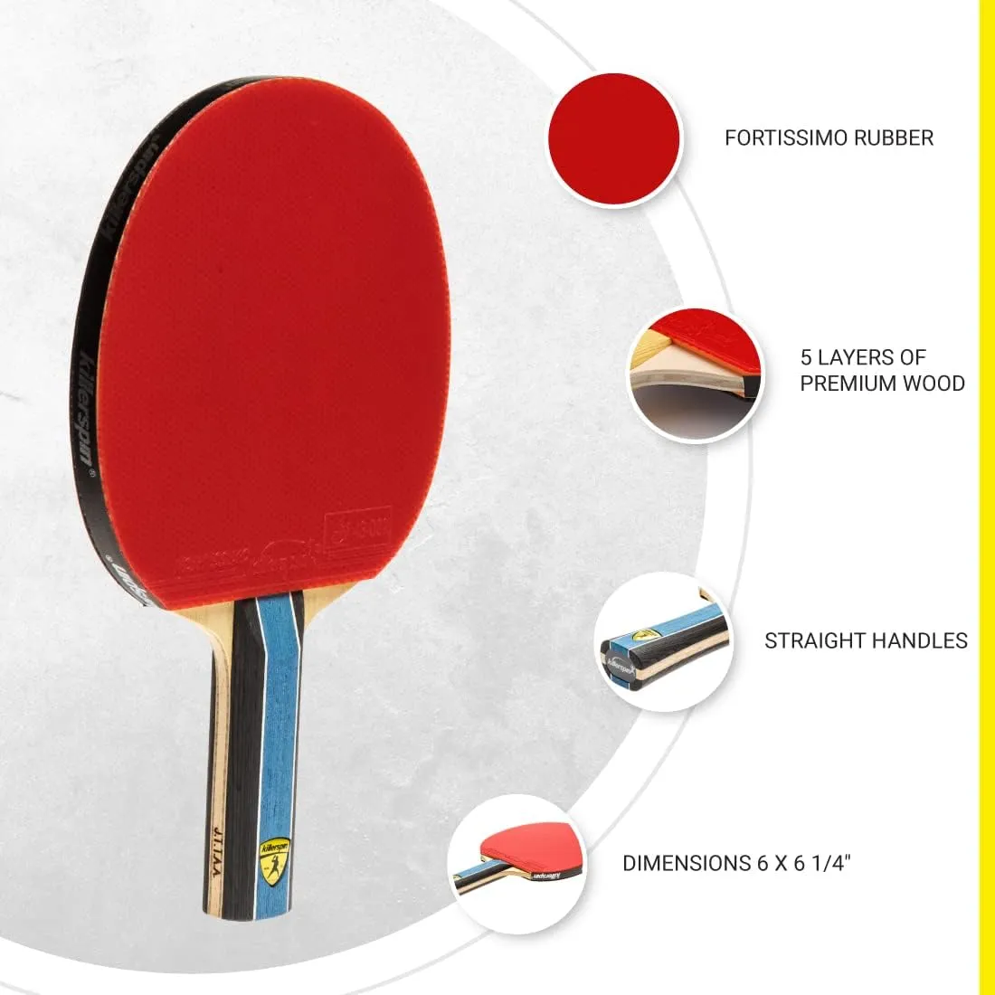 Killerspin KIDO 5A RTG Premium (Straight or Flared) Table Tennis Racket Professional, ITTF-Approved, Hard Paddle, Made of 5-Ply Wood, Dual-Colored in Red and Black
