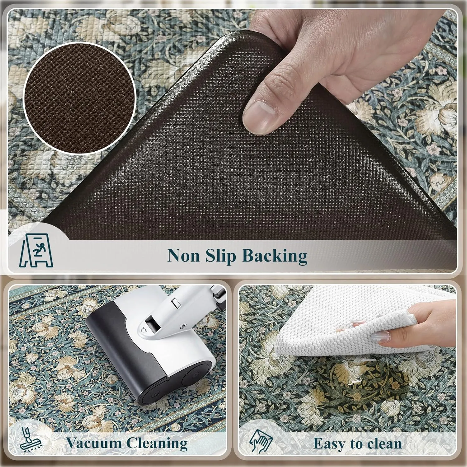 KIMODE Anti Fatigue Mats for Kitchen Floor Cushioned,Farmhouse Floral Boho Rugs Sets of 2 Non Slip,Comfort Memory Foam Padded Carpet for Laundry Sink Office,Blue