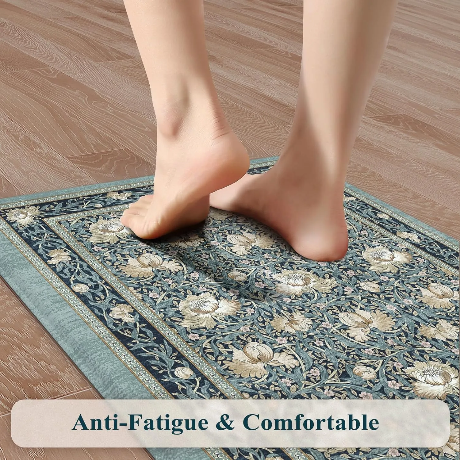 KIMODE Anti Fatigue Mats for Kitchen Floor Cushioned,Farmhouse Floral Boho Rugs Sets of 2 Non Slip,Comfort Memory Foam Padded Carpet for Laundry Sink Office,Blue