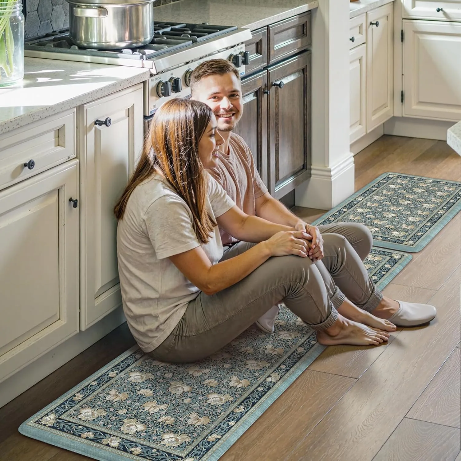 KIMODE Anti Fatigue Mats for Kitchen Floor Cushioned,Farmhouse Floral Boho Rugs Sets of 2 Non Slip,Comfort Memory Foam Padded Carpet for Laundry Sink Office,Blue