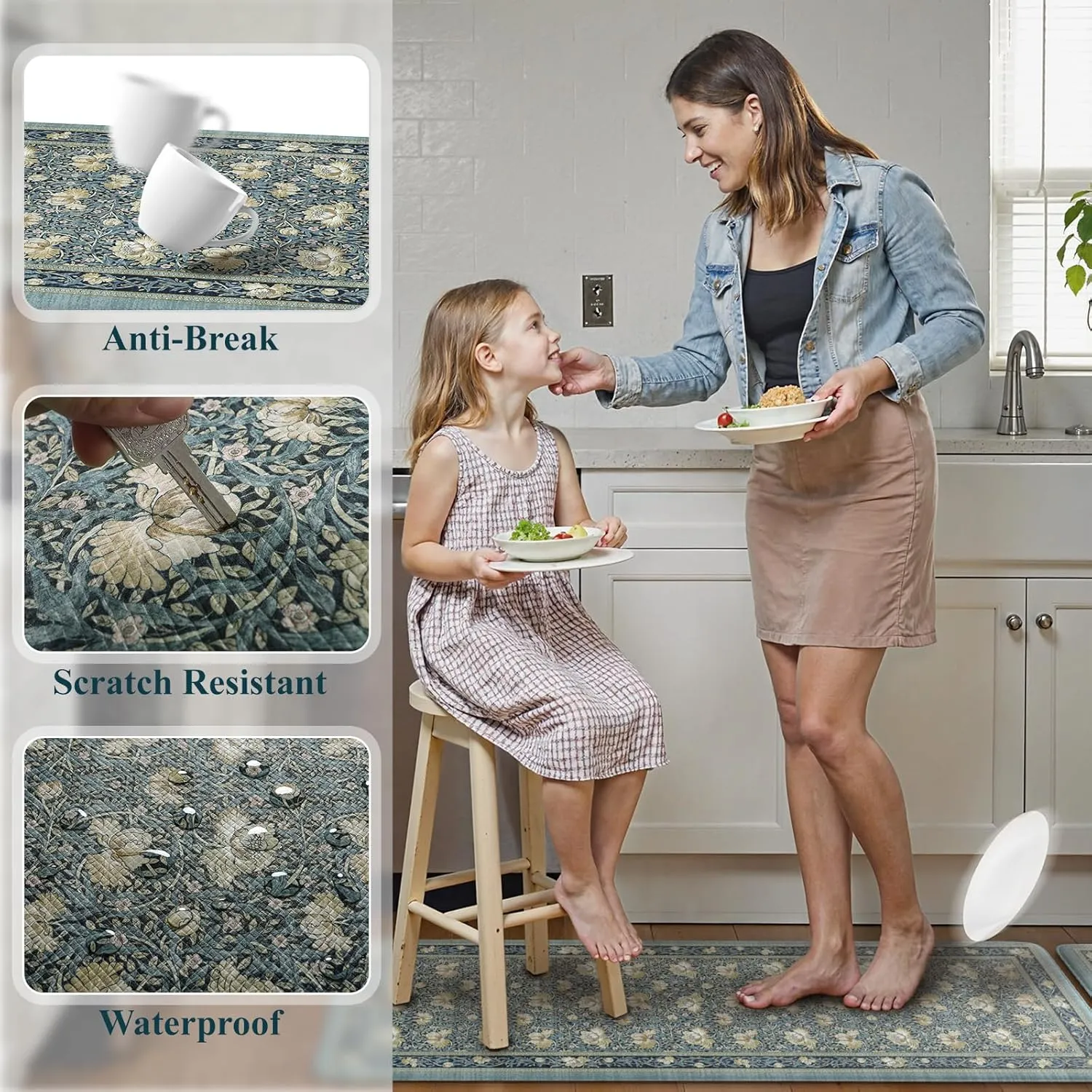 KIMODE Anti Fatigue Mats for Kitchen Floor Cushioned,Farmhouse Floral Boho Rugs Sets of 2 Non Slip,Comfort Memory Foam Padded Carpet for Laundry Sink Office,Blue