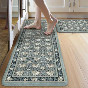 KIMODE Anti Fatigue Mats for Kitchen Floor Cushioned,Farmhouse Floral Boho Rugs Sets of 2 Non Slip,Comfort Memory Foam Padded Carpet for Laundry Sink Office,Blue