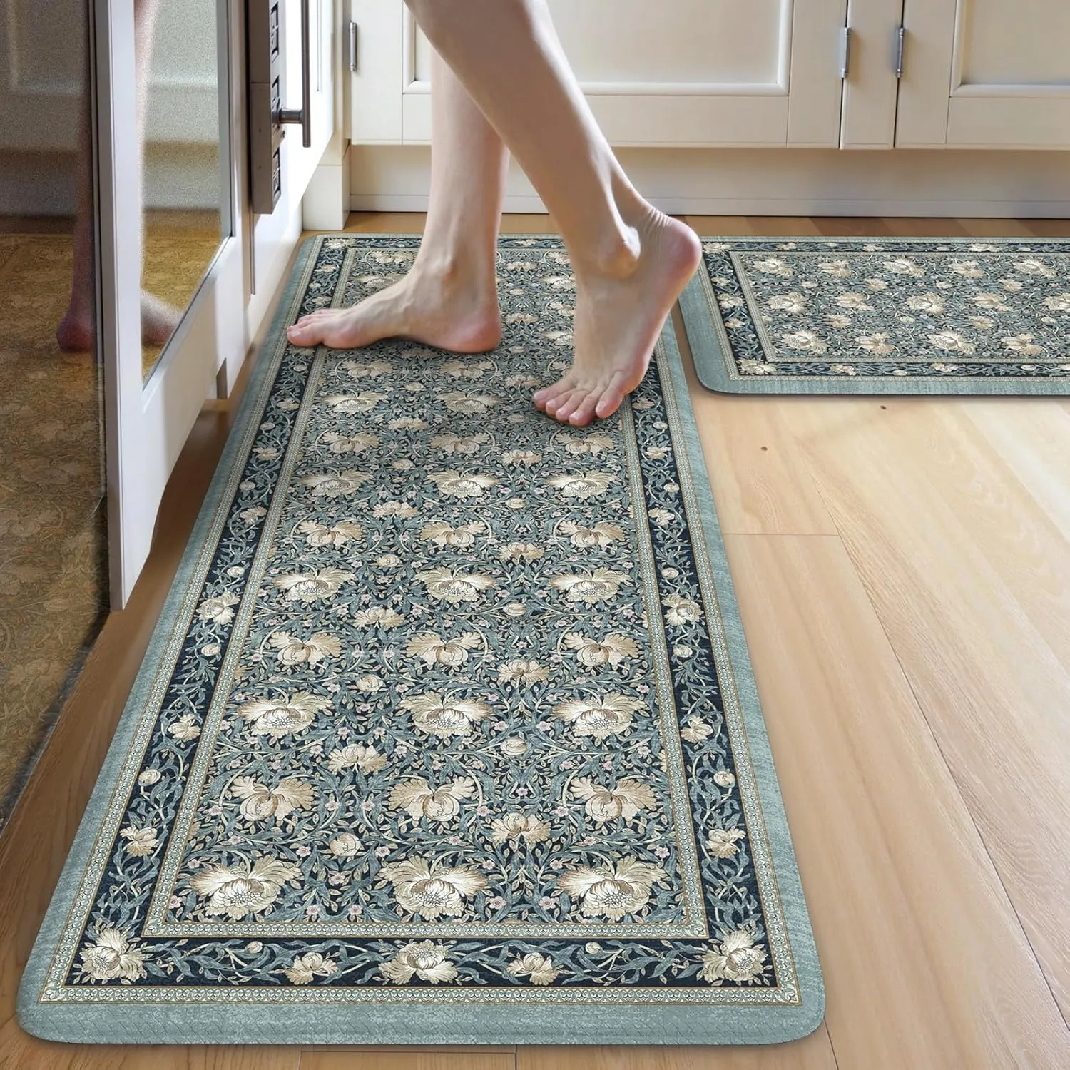KIMODE Anti Fatigue Mats for Kitchen Floor Cushioned,Farmhouse Floral Boho Rugs Sets of 2 Non Slip,Comfort Memory Foam Padded Carpet for Laundry Sink Office,Blue