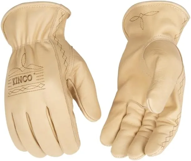 Kinco Work Glove, 1298, Tan Full Grain Cowhide with Western Stitching Detail, Farm, Ranch, DIY, Carpentry, Genuine Leather