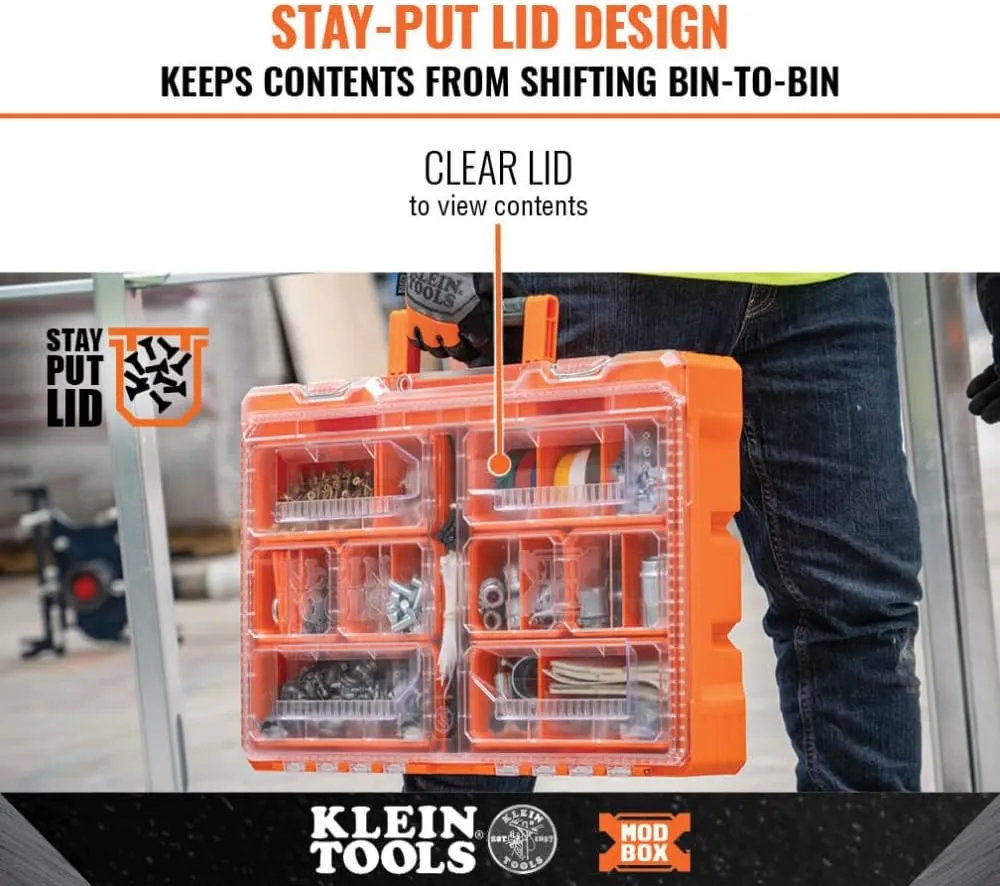 Klein Tools 54806MB MODbox Tall Compartment Box, Full-Width Tool Organizer, Small Parts Tool Box with 20 Compartments, 8 Removable Bins for Fasteners, Stackable Module