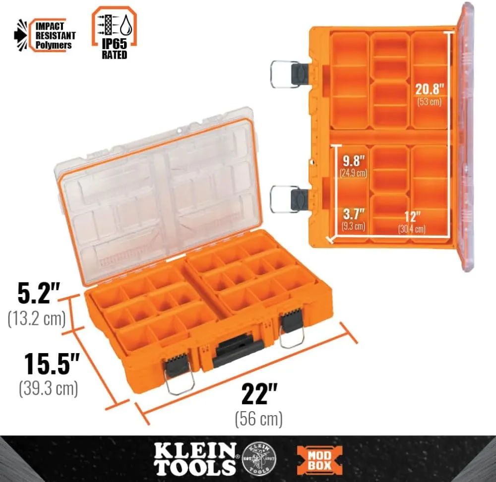 Klein Tools 54806MB MODbox Tall Compartment Box, Full-Width Tool Organizer, Small Parts Tool Box with 20 Compartments, 8 Removable Bins for Fasteners, Stackable Module
