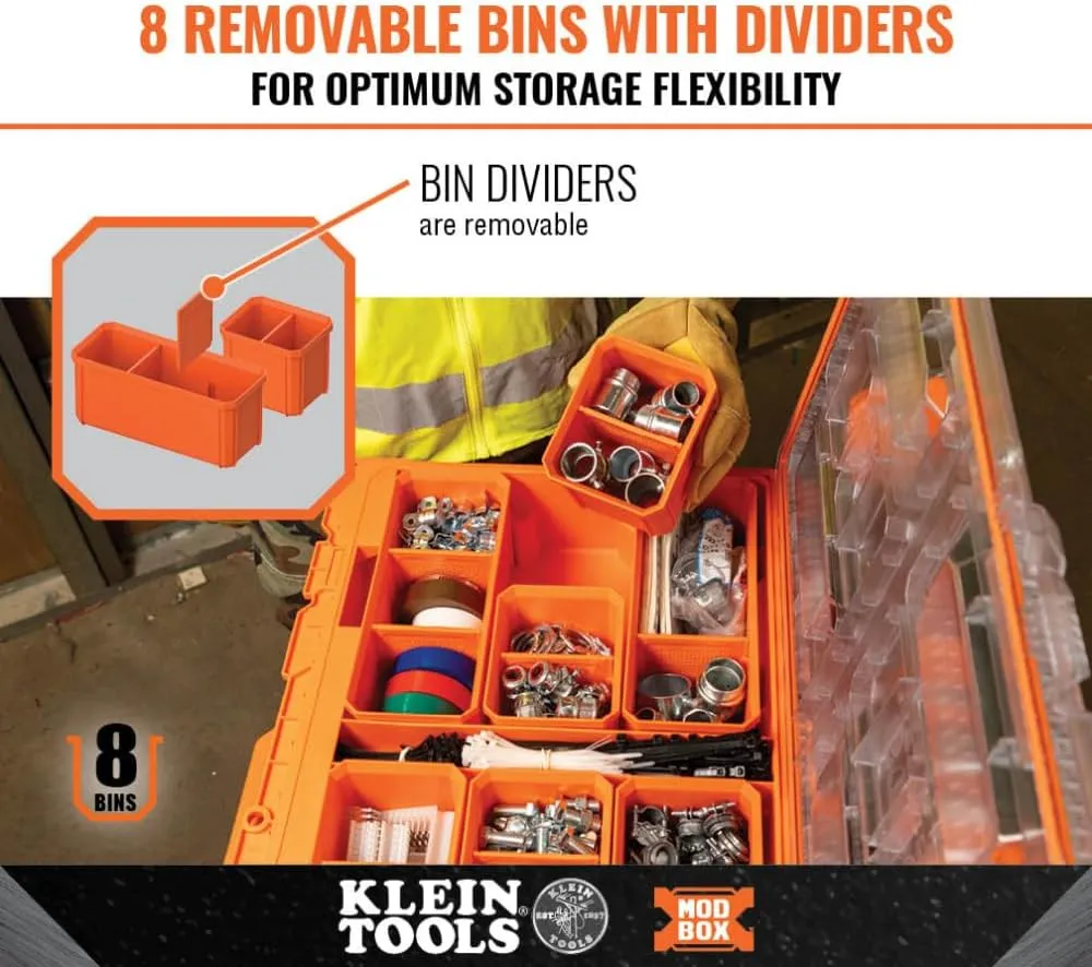 Klein Tools 54806MB MODbox Tall Compartment Box, Full-Width Tool Organizer, Small Parts Tool Box with 20 Compartments, 8 Removable Bins for Fasteners, Stackable Module