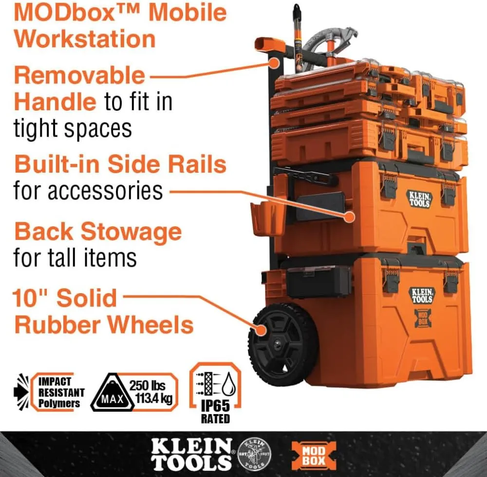 Klein Tools 54806MB MODbox Tall Compartment Box, Full-Width Tool Organizer, Small Parts Tool Box with 20 Compartments, 8 Removable Bins for Fasteners, Stackable Module
