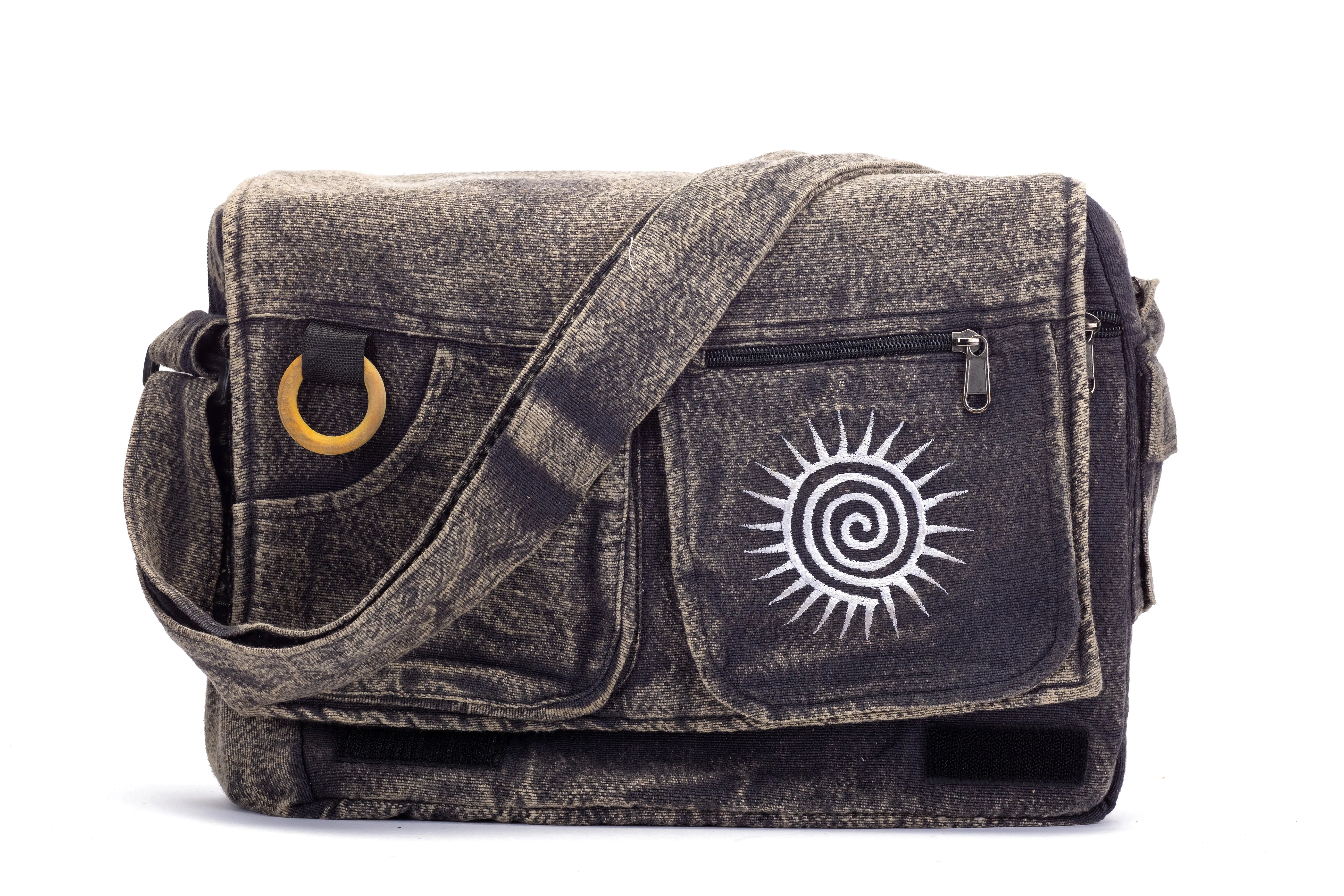 Koshi Black Stone-Washed Embroidered Laptop Messenger Bag