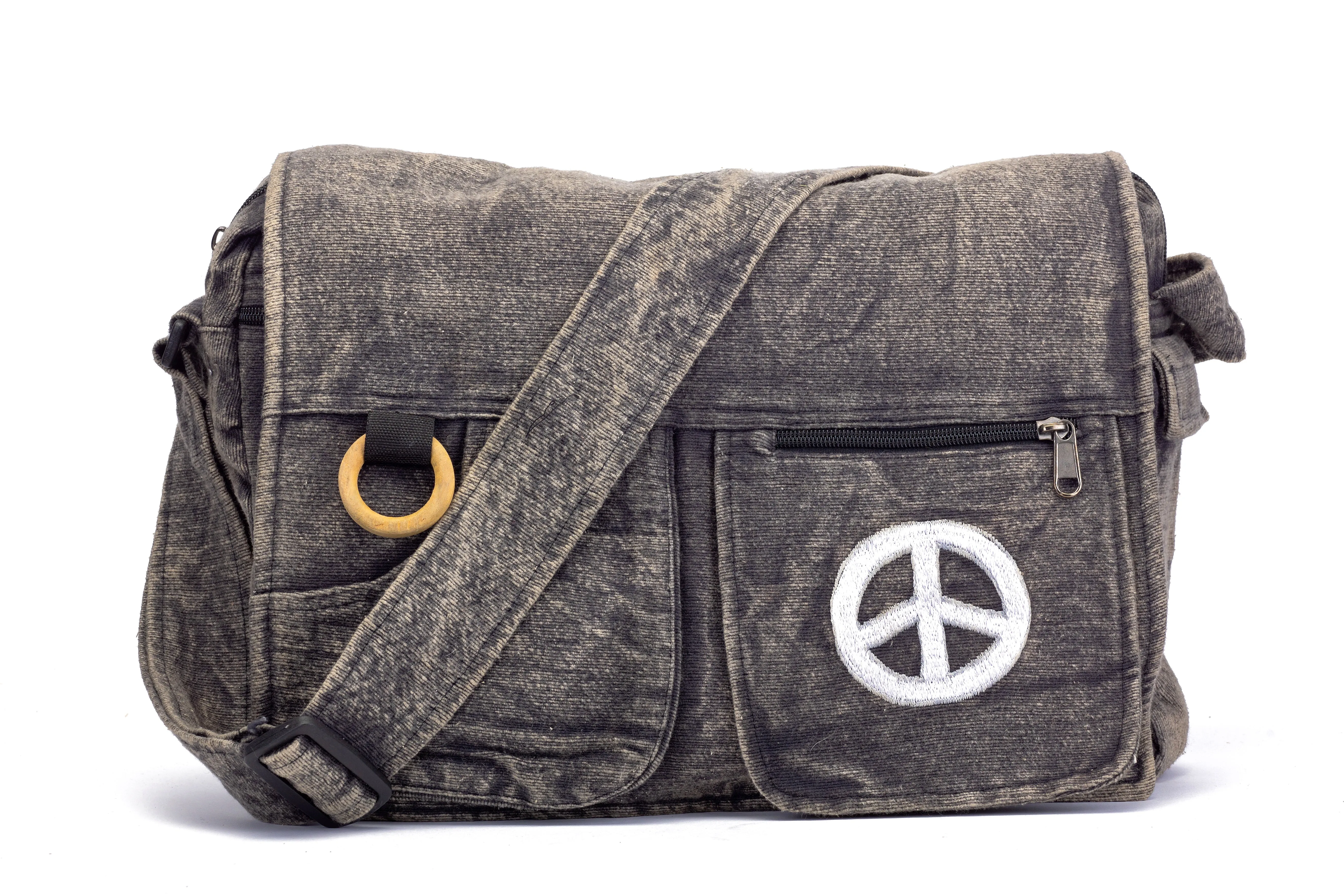Koshi Black Stone-Washed Embroidered Laptop Messenger Bag