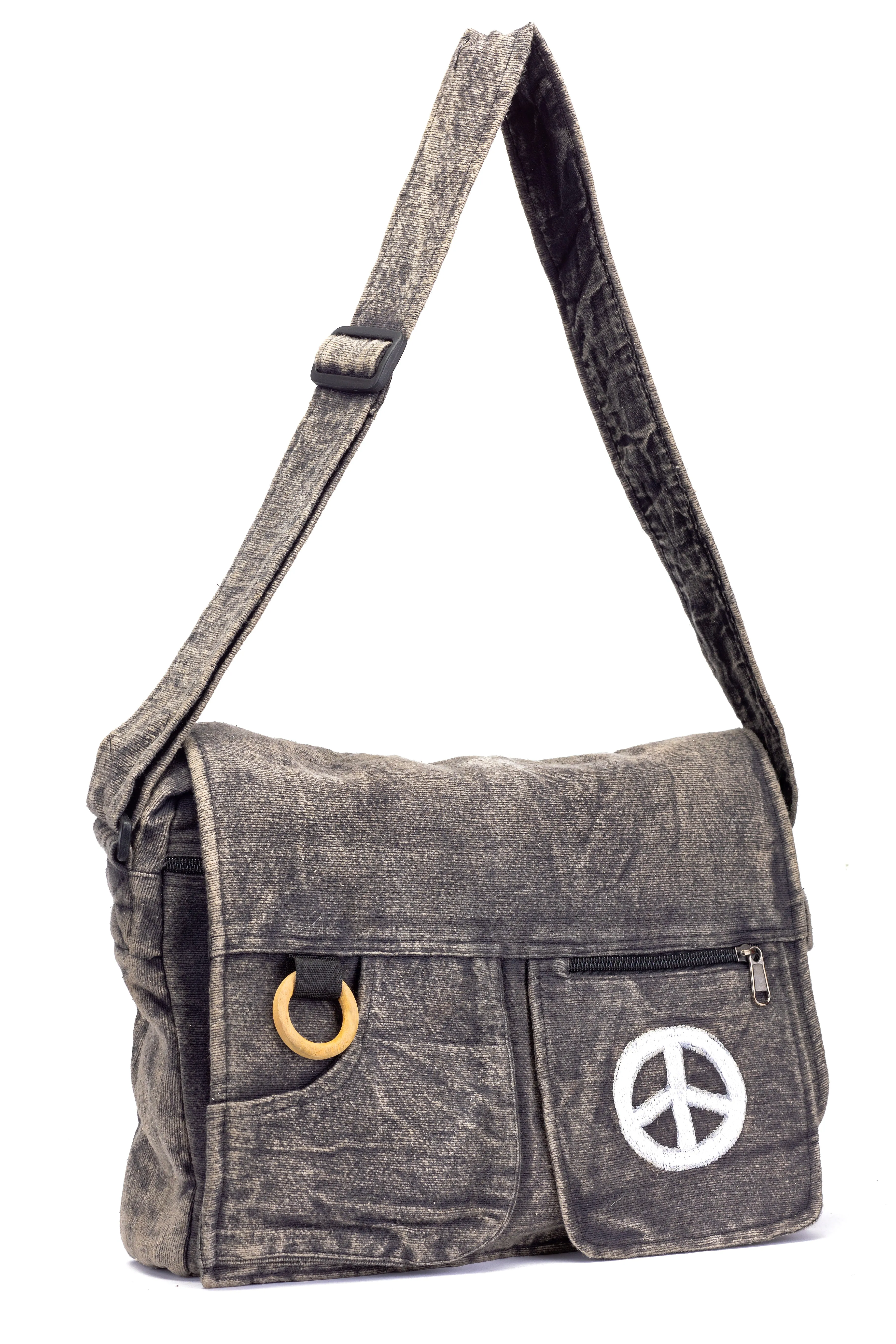 Koshi Black Stone-Washed Embroidered Laptop Messenger Bag