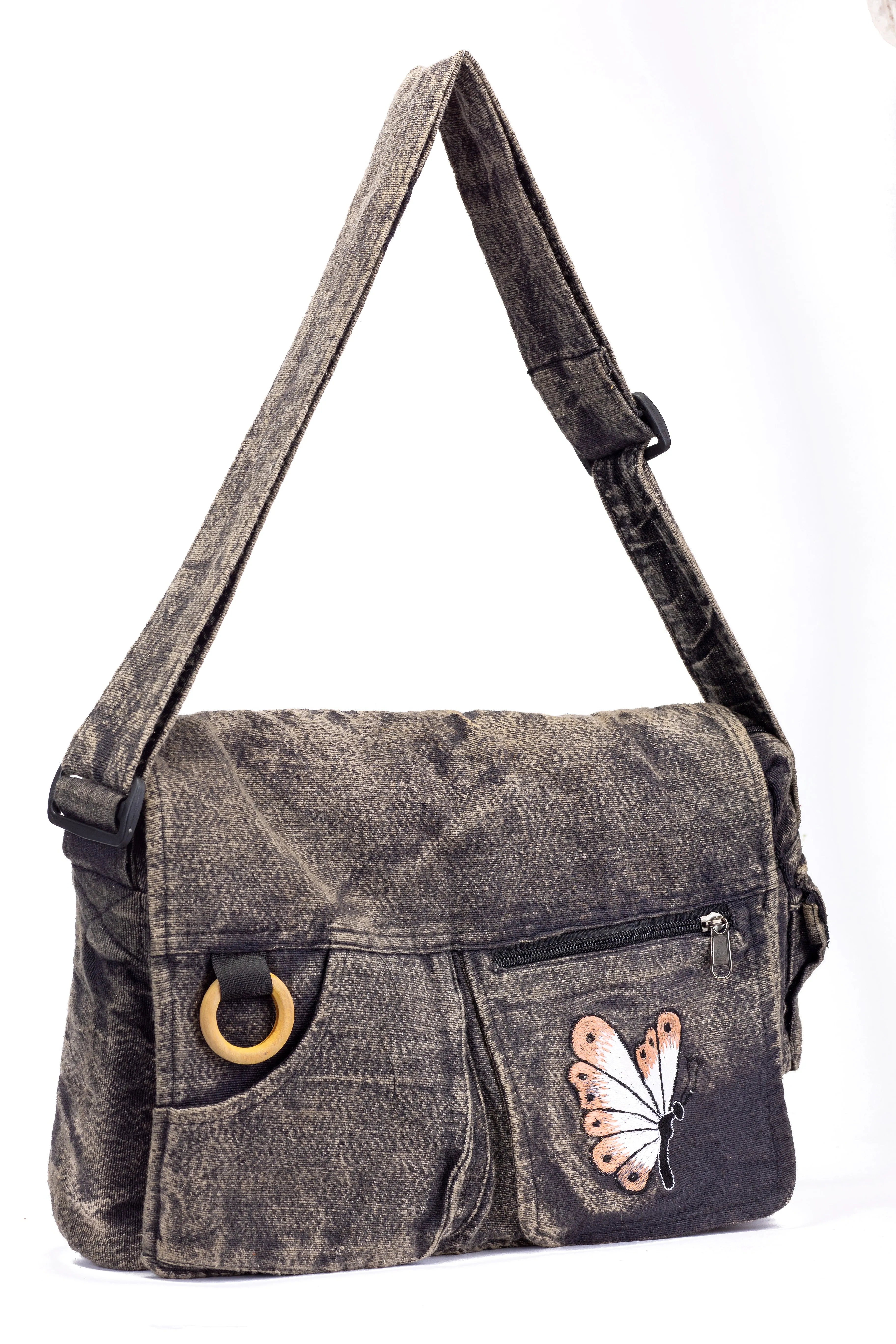 Koshi Black Stone-Washed Embroidered Laptop Messenger Bag
