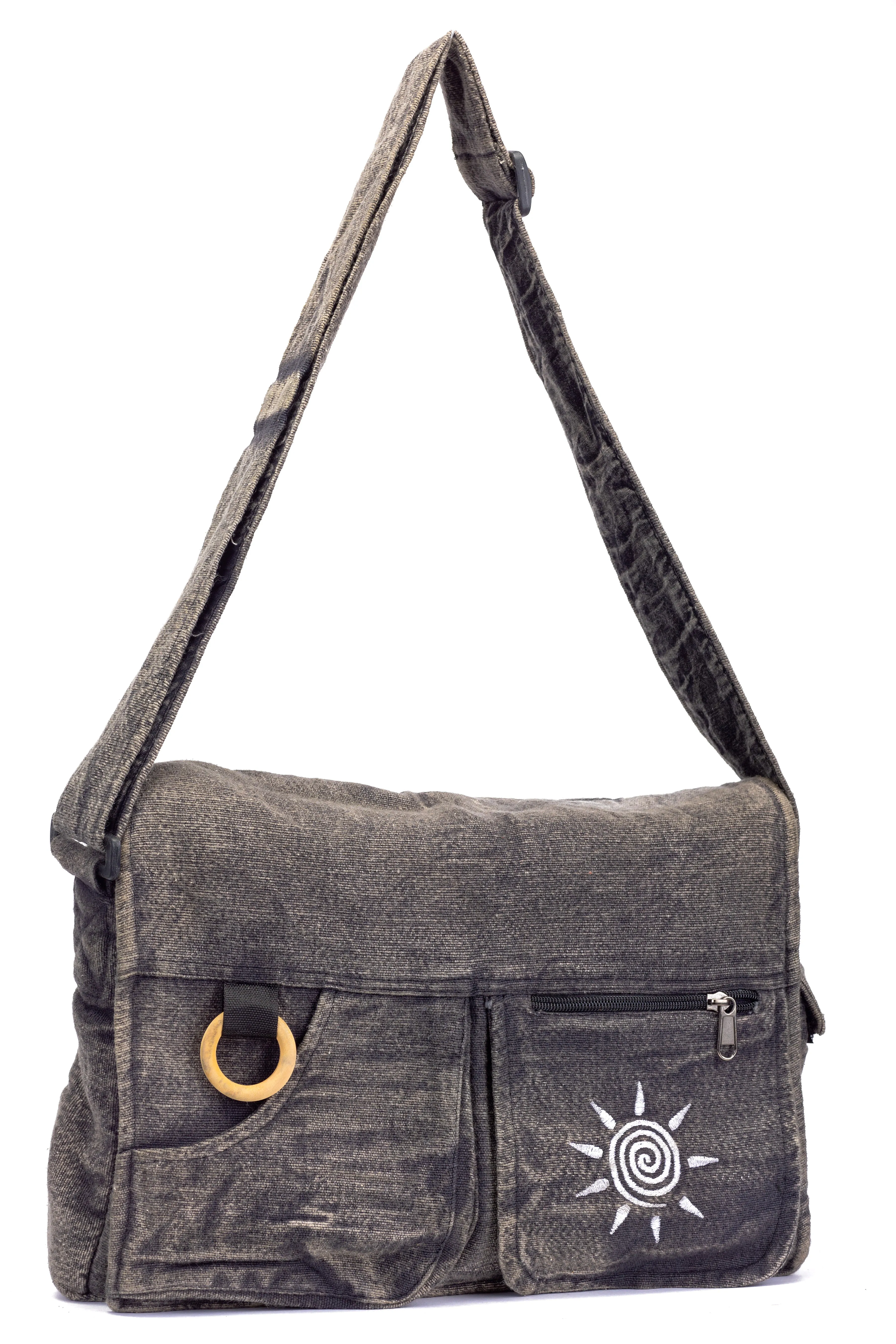 Koshi Black Stone-Washed Embroidered Laptop Messenger Bag