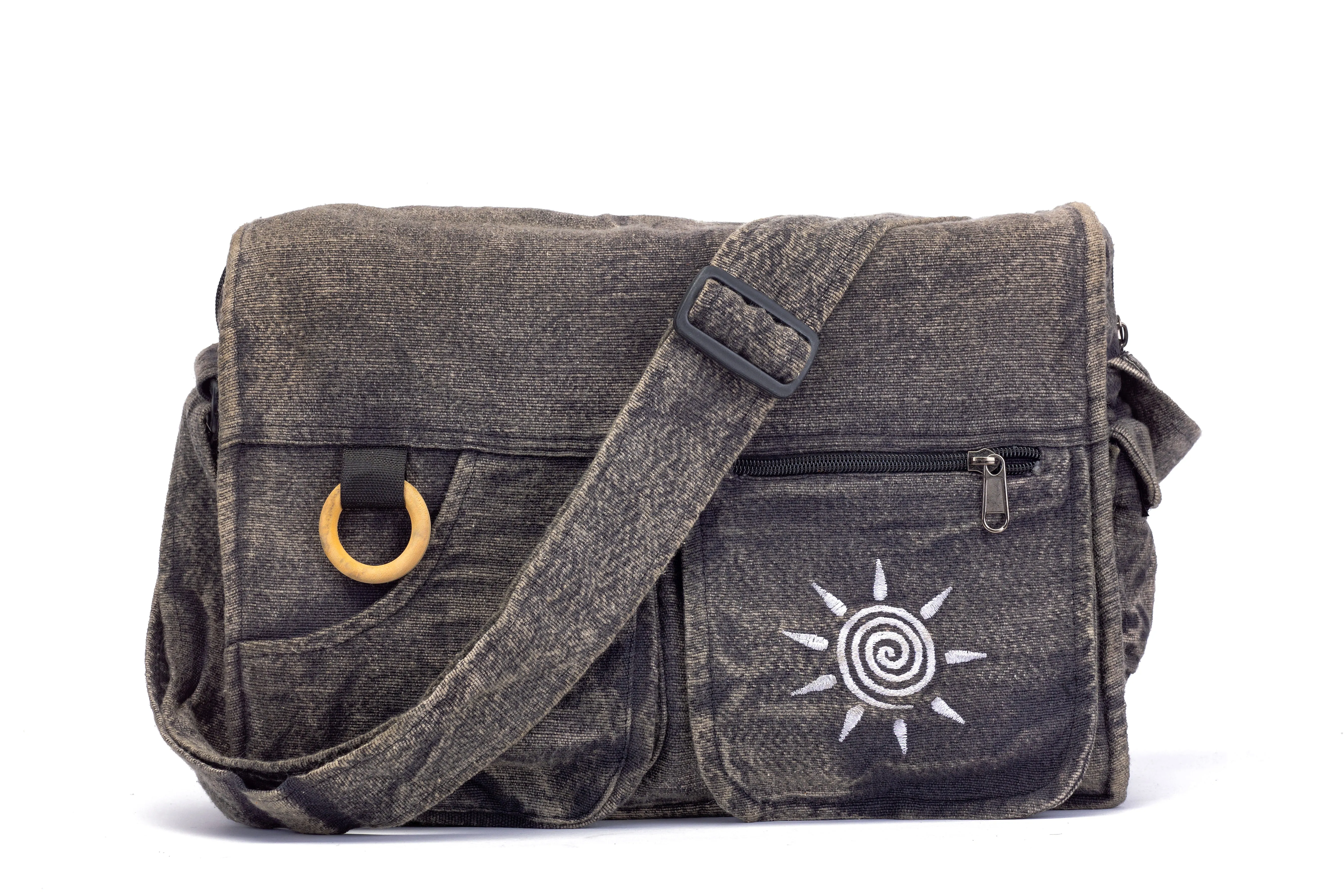 Koshi Black Stone-Washed Embroidered Laptop Messenger Bag