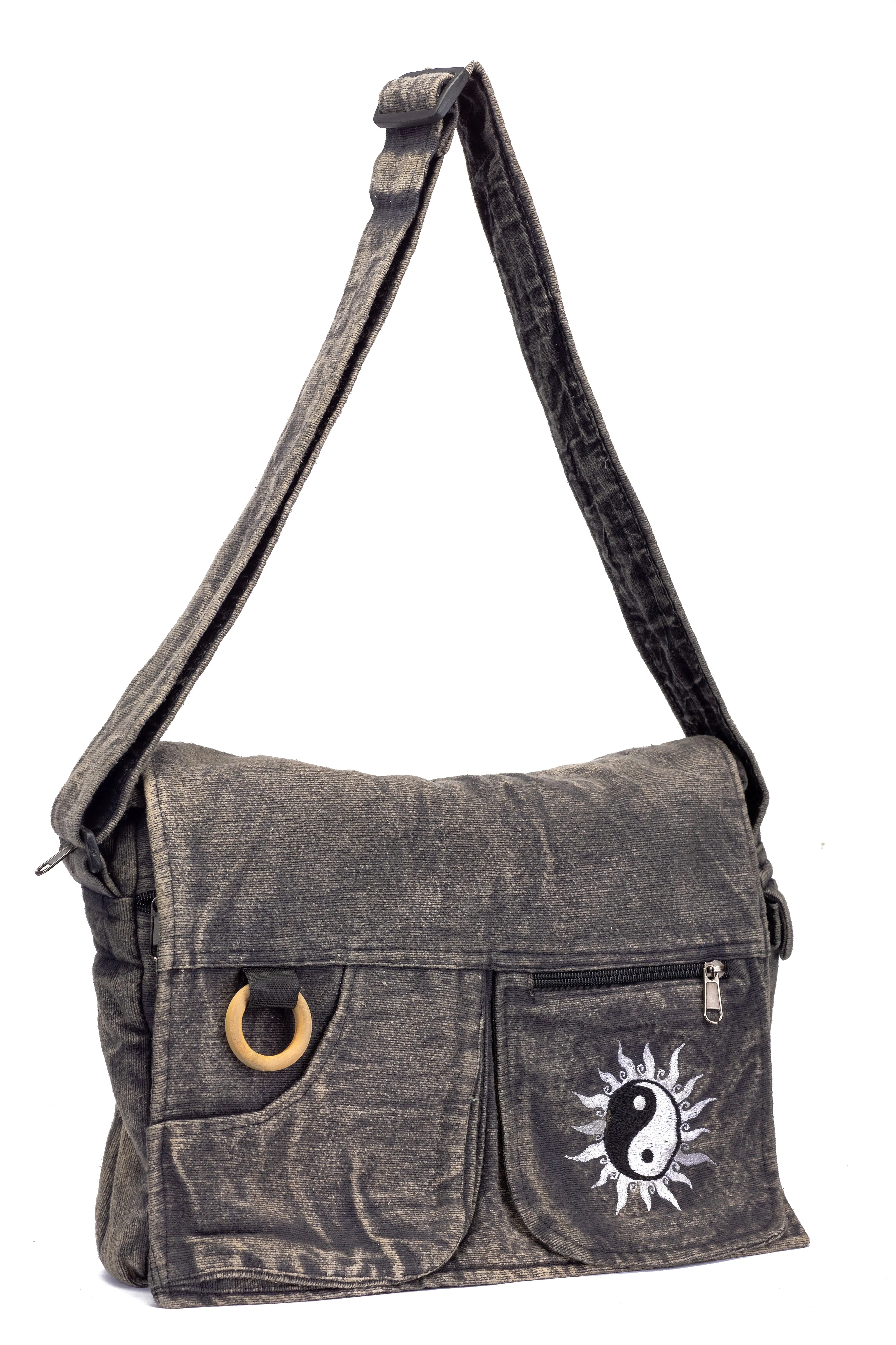 Koshi Black Stone-Washed Embroidered Laptop Messenger Bag